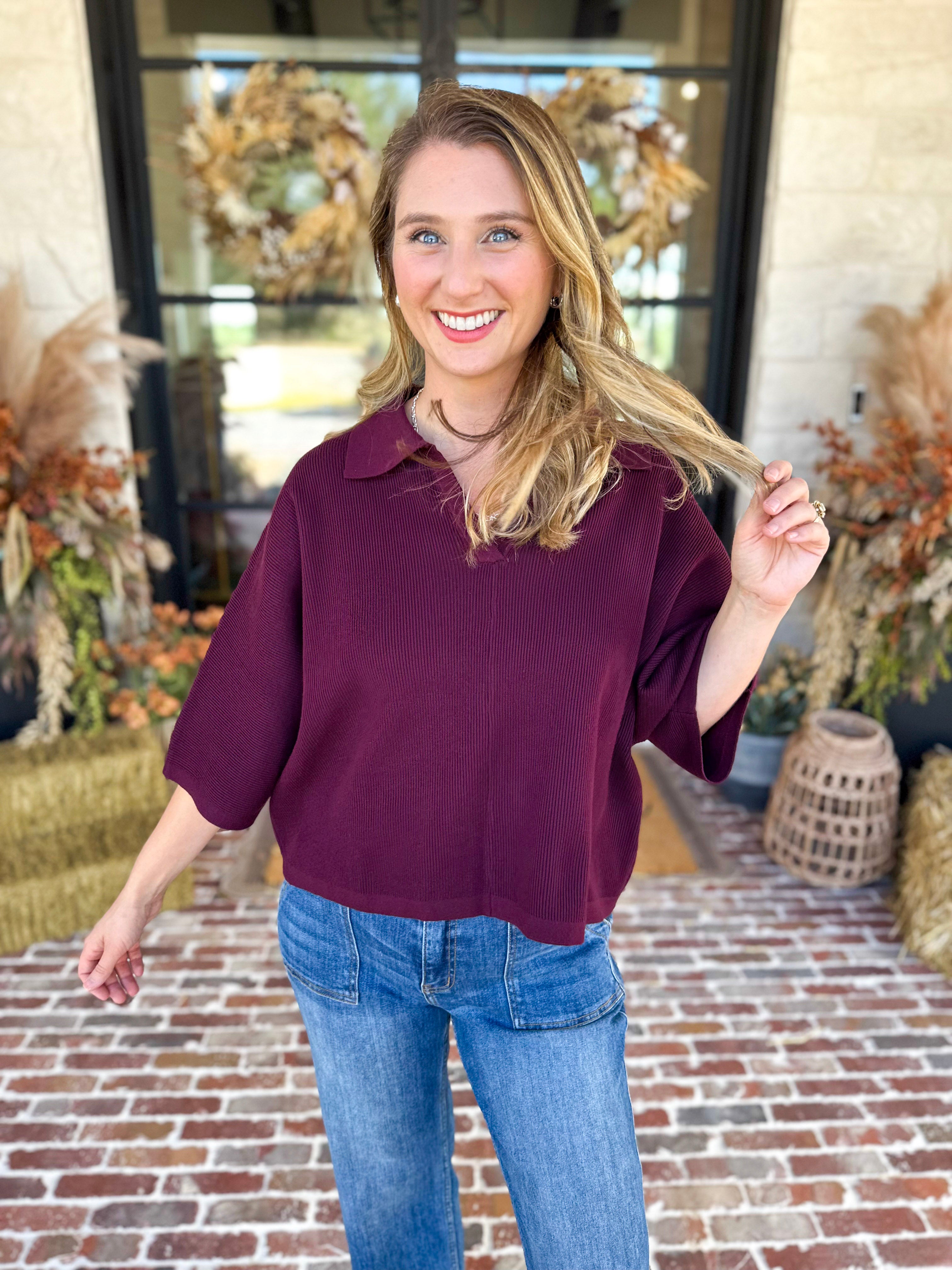Cozy Collared Oversized Sweater Top - Merlot-230 Sweaters/Cardis-ENTRO-July & June Women's Fashion Boutique Located in San Antonio, Texas