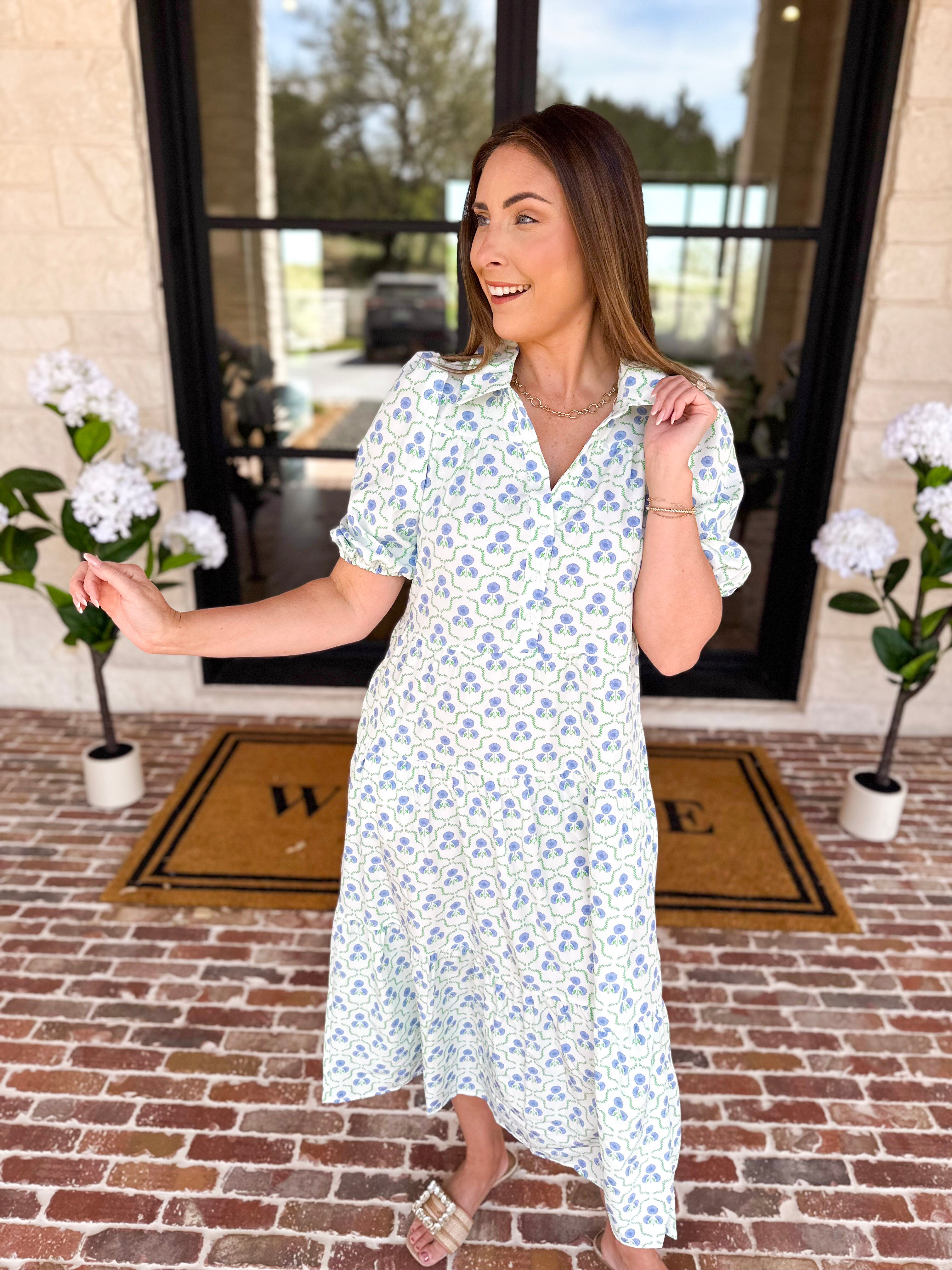 Mary Square - Eloise Lattice Blue Midi Dress-500 Midi-MARY SQUARE-July & June Women's Fashion Boutique Located in San Antonio, Texas