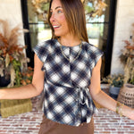 THML - Navy & Cream Plaid Tie Blouse-200 Fashion Blouses-THML-July & June Women's Fashion Boutique Located in San Antonio, Texas