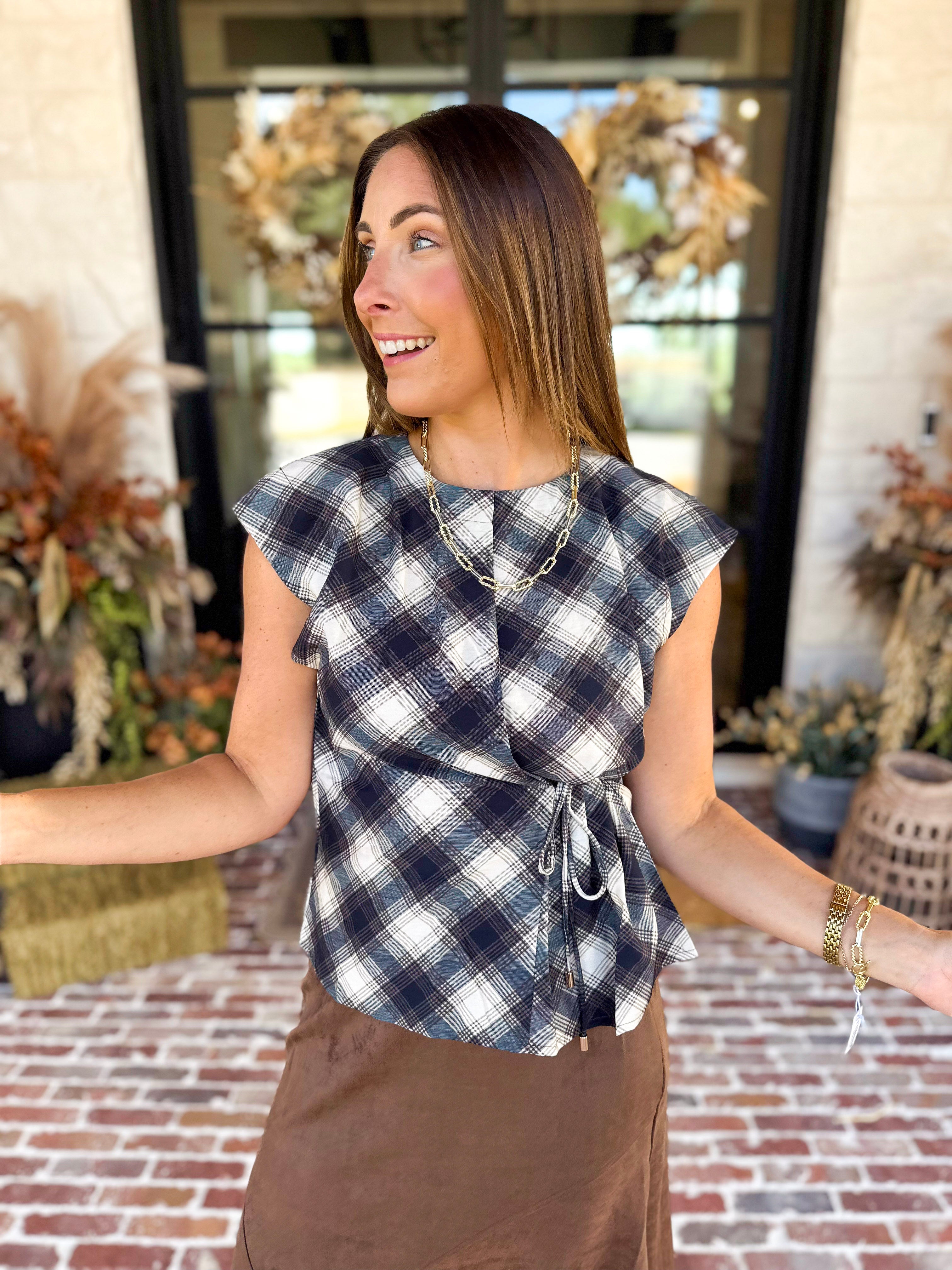 THML - Navy & Cream Plaid Tie Blouse-200 Fashion Blouses-THML-July & June Women's Fashion Boutique Located in San Antonio, Texas