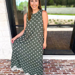 Effortless Polka Dot Midi Dress - Olive-500 Midi-ENTRO-July & June Women's Fashion Boutique Located in San Antonio, Texas