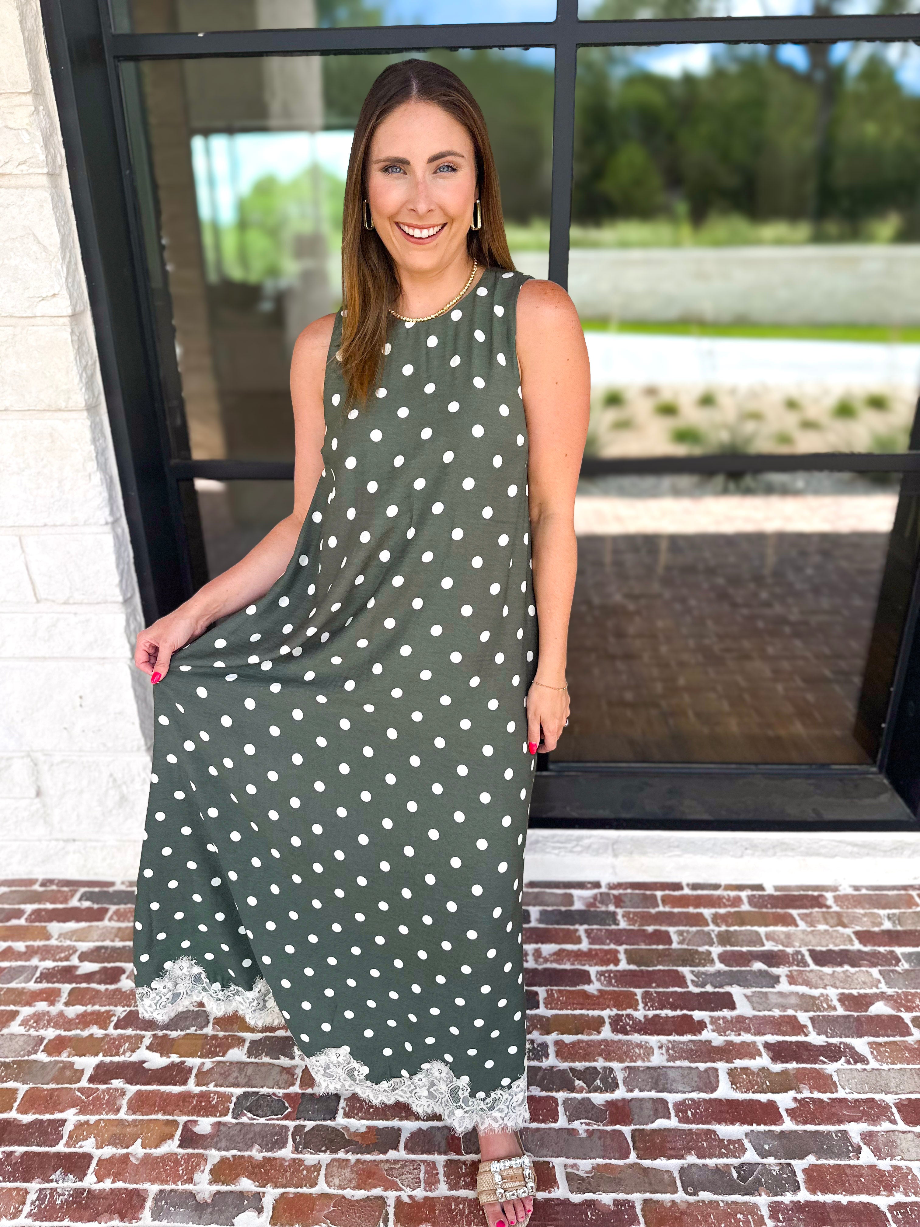 Effortless Polka Dot Midi Dress - Olive-500 Midi-ENTRO-July & June Women's Fashion Boutique Located in San Antonio, Texas