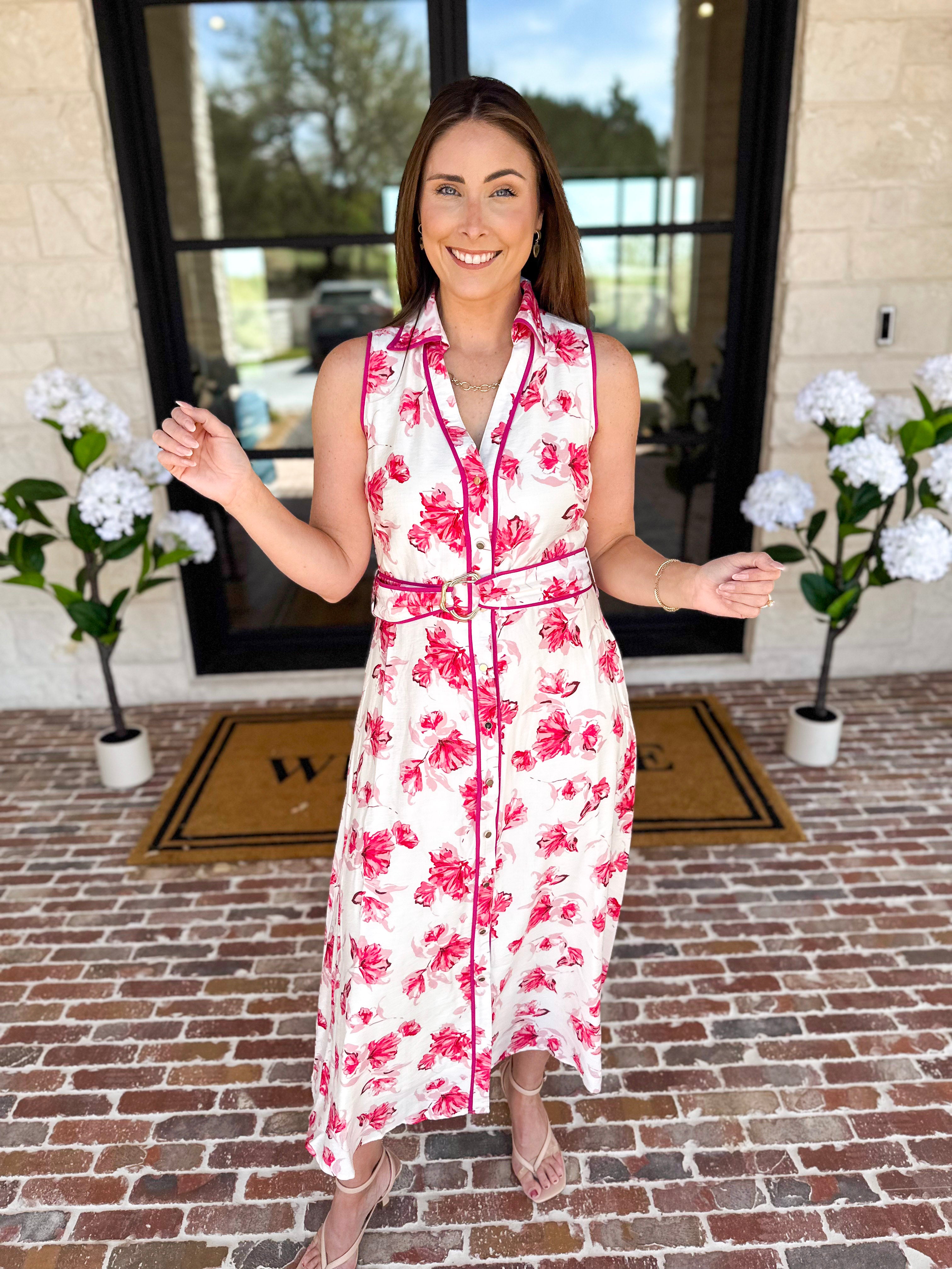 Vibrant Pink Floral Midi Dress-500 Midi-IN FEBRUARY-July & June Women's Fashion Boutique Located in San Antonio, Texas