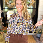 Dusty Blue & Marigold Floral Blouse-200 Fashion Blouses-FATE-July & June Women's Fashion Boutique Located in San Antonio, Texas