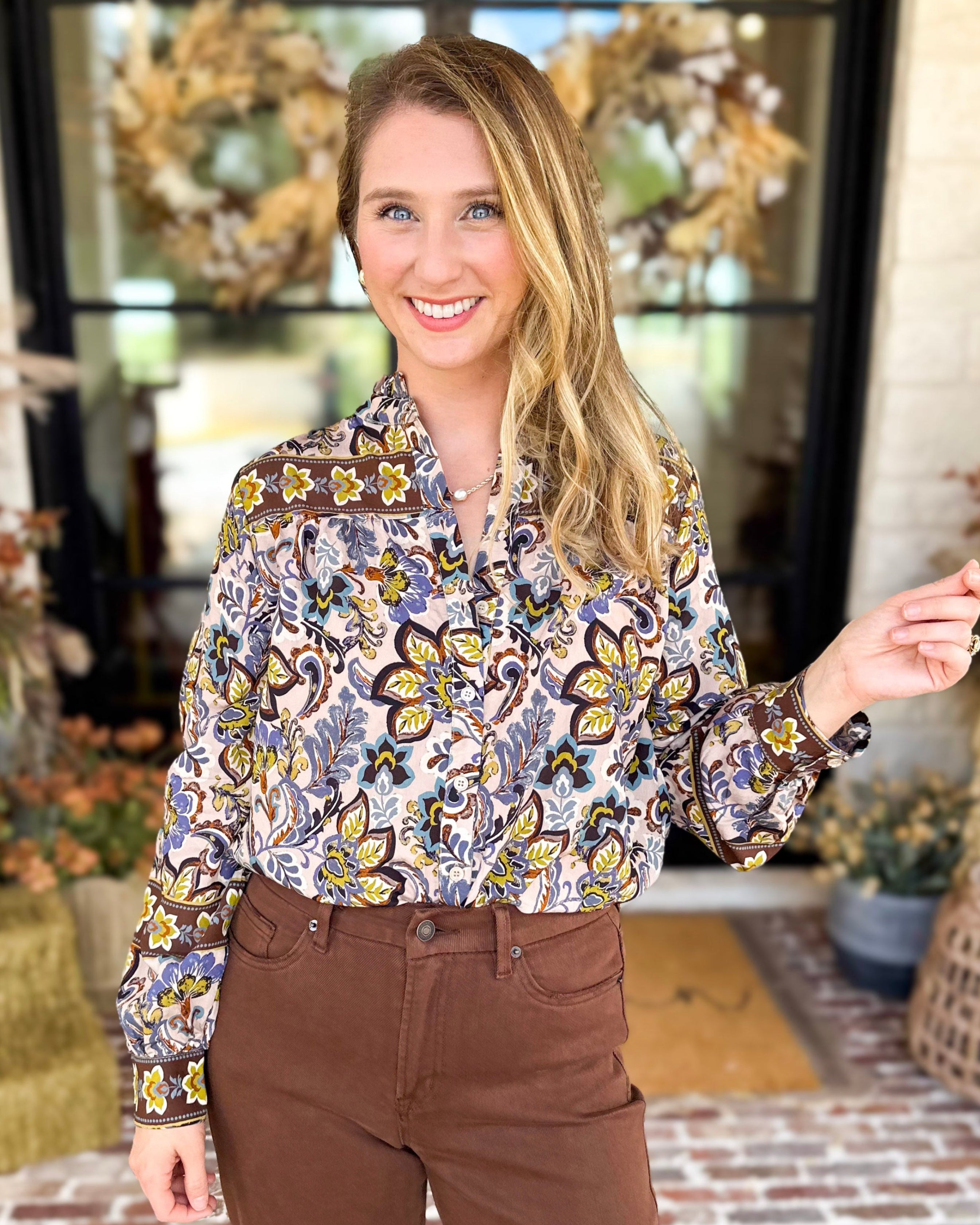 Dusty Blue & Marigold Floral Blouse-200 Fashion Blouses-FATE-July & June Women's Fashion Boutique Located in San Antonio, Texas