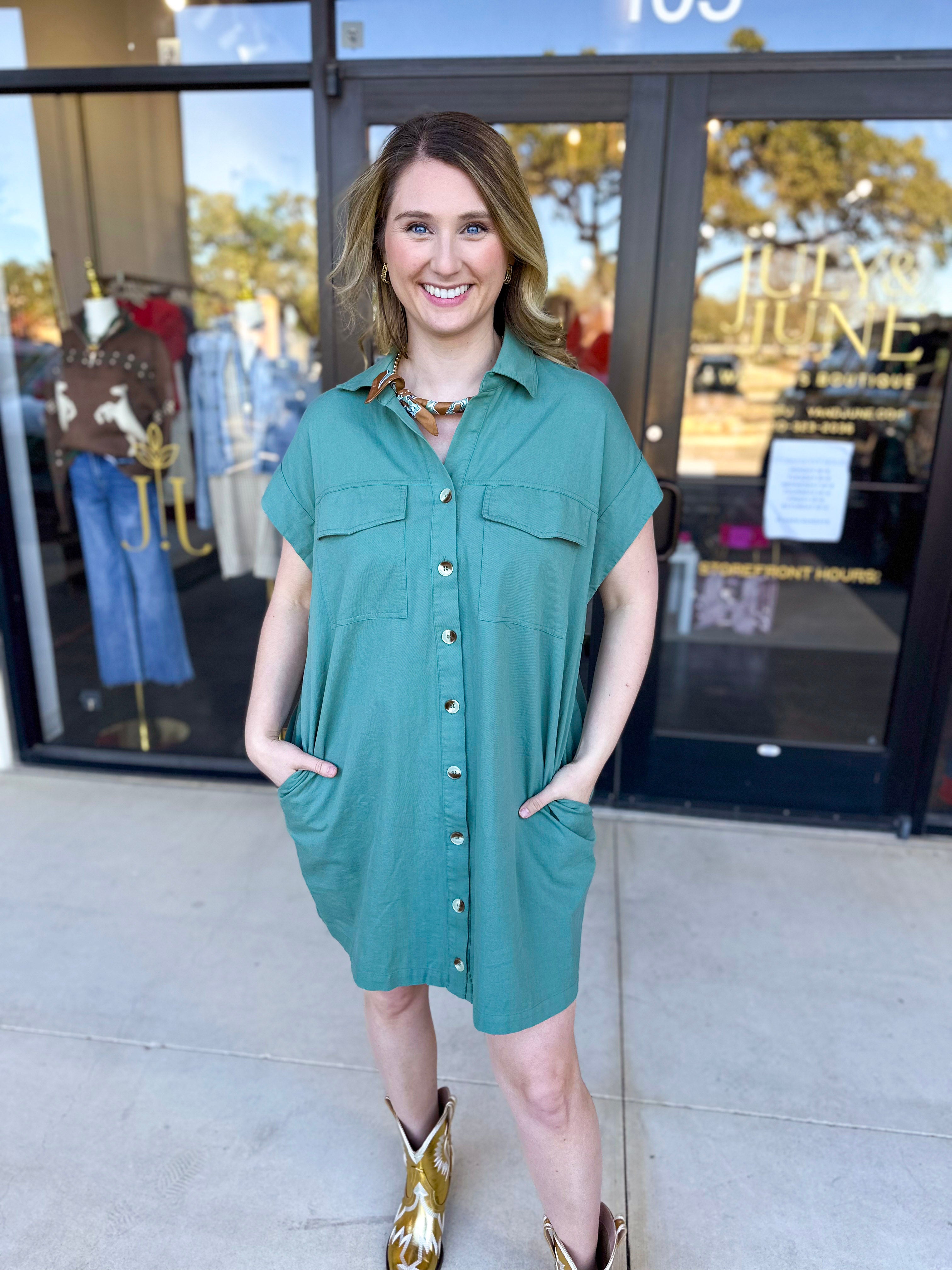 Go-To Utility Mini Dress - Green-510 Mini-IN FEBRUARY-July & June Women's Fashion Boutique Located in San Antonio, Texas
