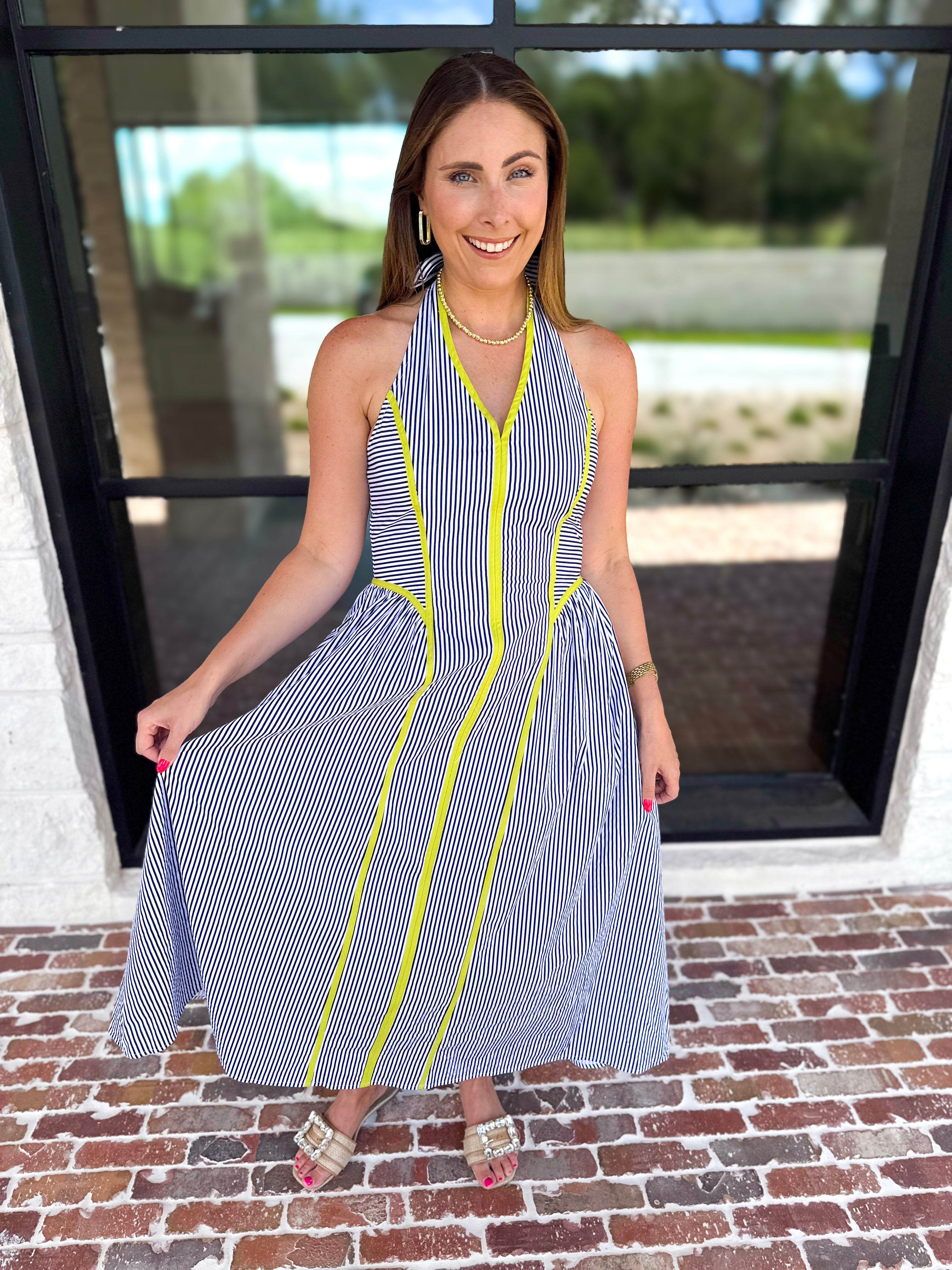 Chic Striped Halter Midi Dress-500 Midi-ENTRO-July & June Women's Fashion Boutique Located in San Antonio, Texas