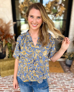Marina Floral Puff Sleeve Blouse-200 Fashion Blouses-OLIVACEOUS-July & June Women's Fashion Boutique Located in San Antonio, Texas