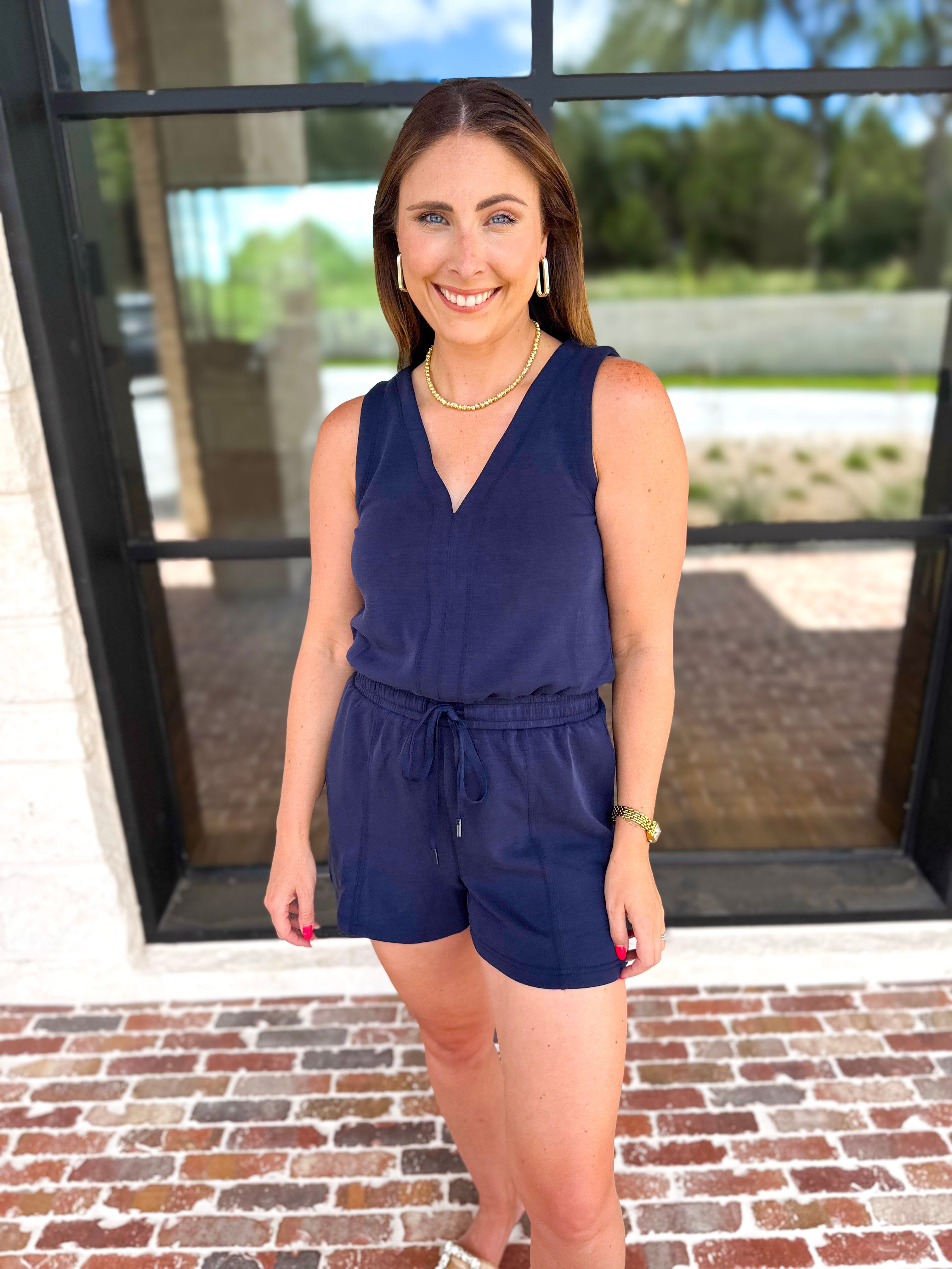 The Weekender Navy Romper-300 Athleisure/Lounge-SKIES ARE BLUE-July & June Women's Fashion Boutique Located in San Antonio, Texas