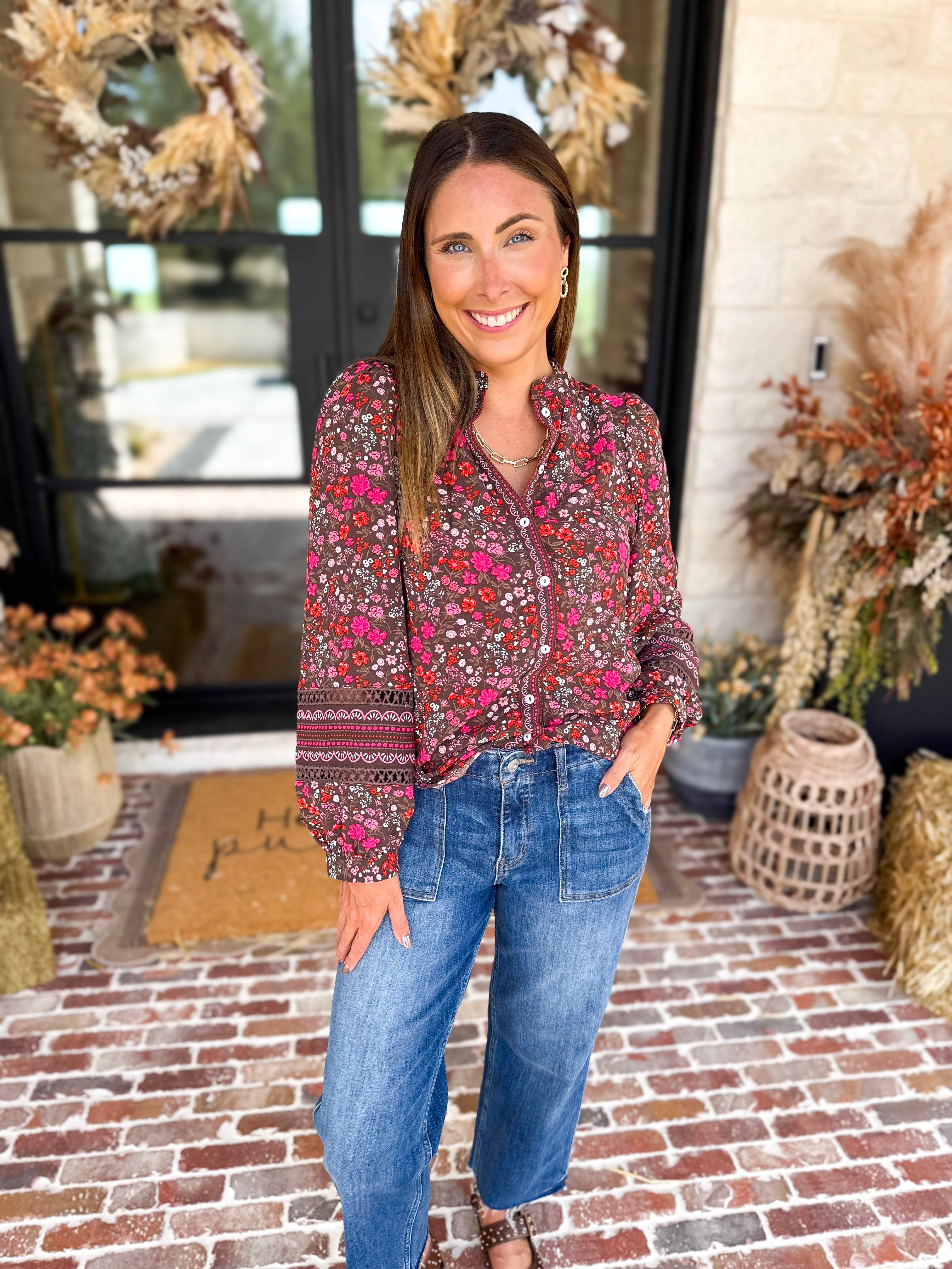 Mary Square - Raspberry Florals Blouse-200 Fashion Blouses-MARY SQUARE-July & June Women's Fashion Boutique Located in San Antonio, Texas