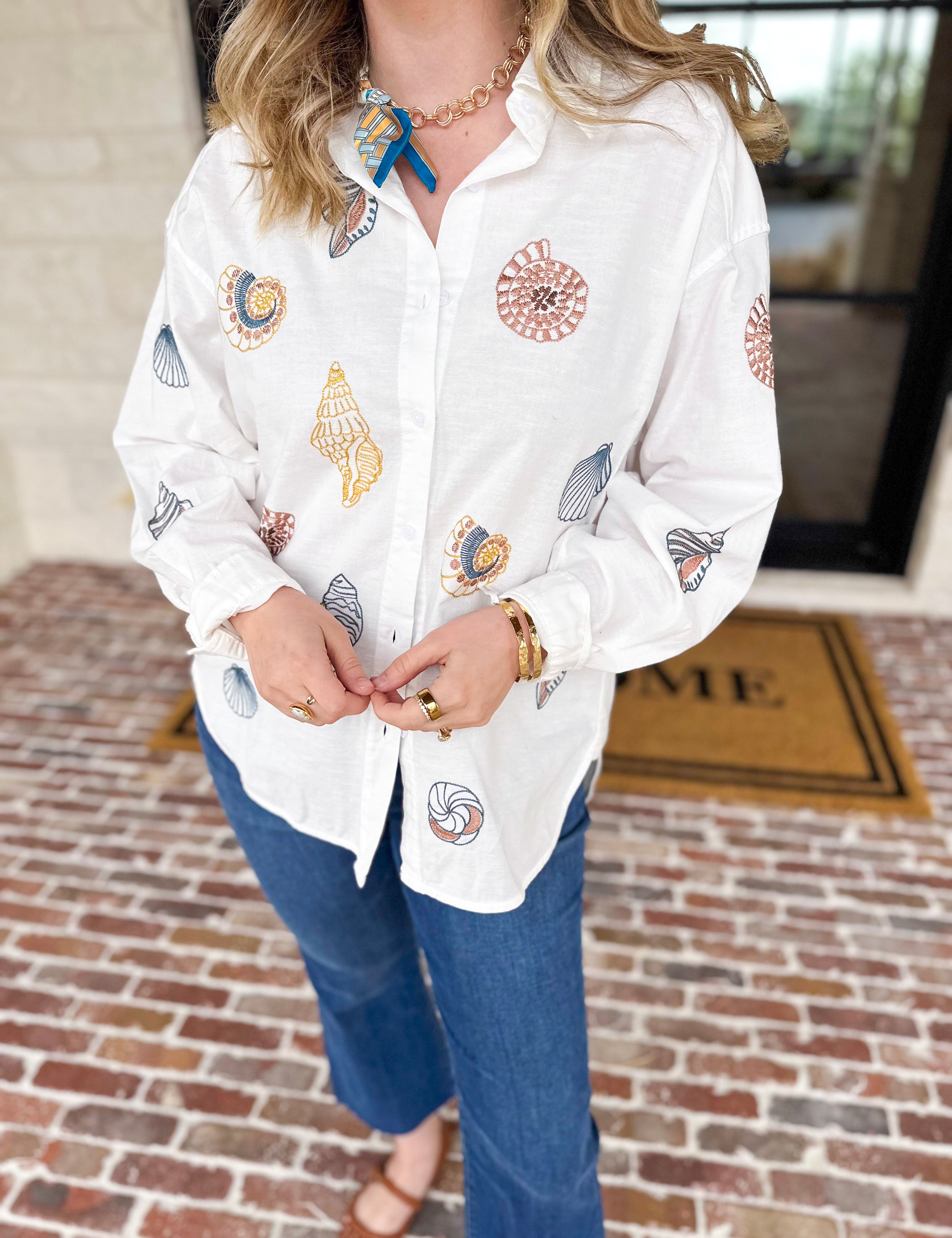 Linen Seashell Embroidered Blouse-200 Fashion Blouses-BLUE B-July & June Women's Fashion Boutique Located in San Antonio, Texas