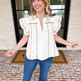Ivory Lace Trim Blouse-200 Fashion Blouses-STRUT & BOLT-July & June Women's Fashion Boutique Located in San Antonio, Texas