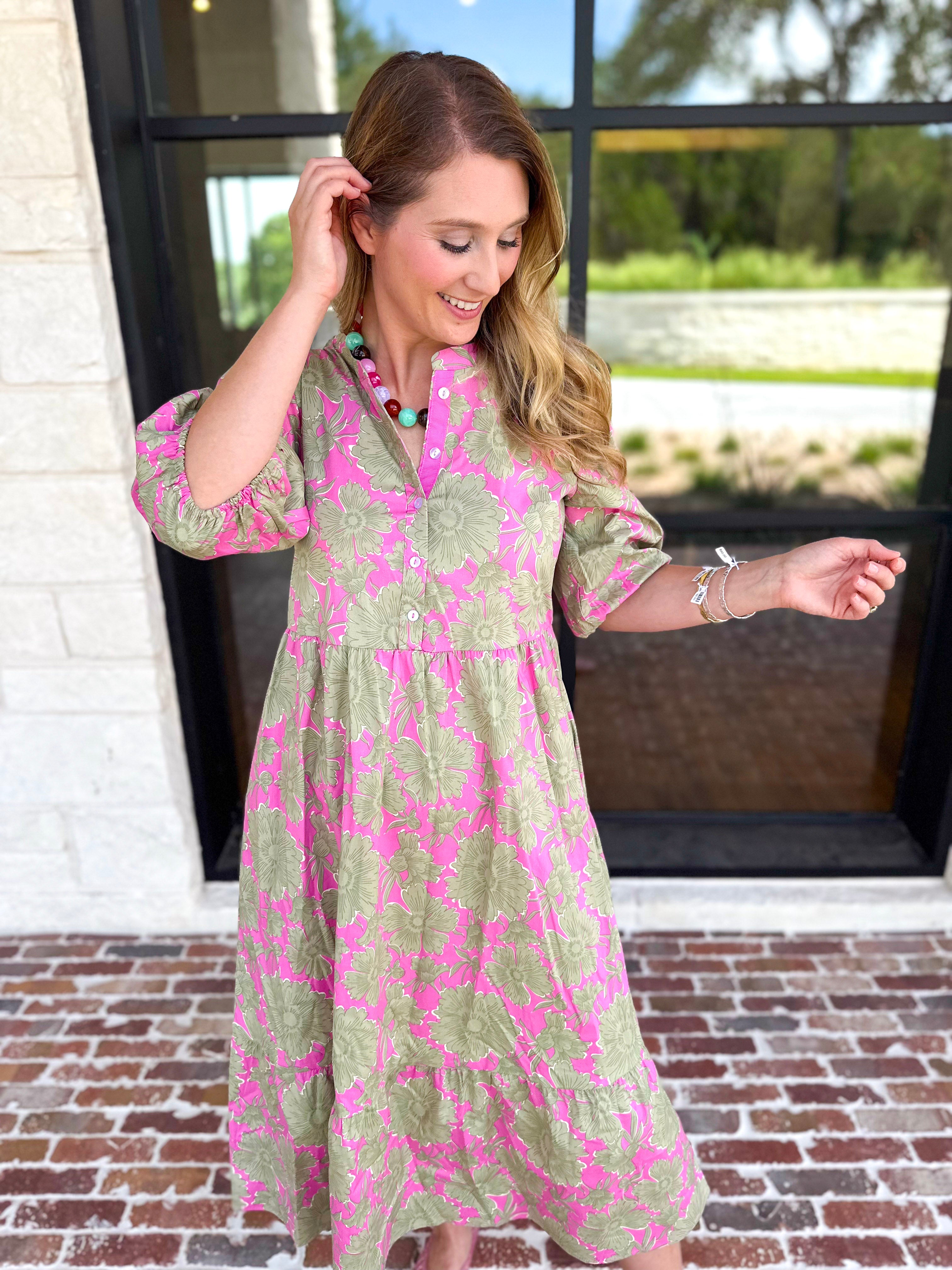 Mary Square - Riley Pink & Sage Floral Midi Dress-500 Midi-MARY SQUARE-July & June Women's Fashion Boutique Located in San Antonio, Texas