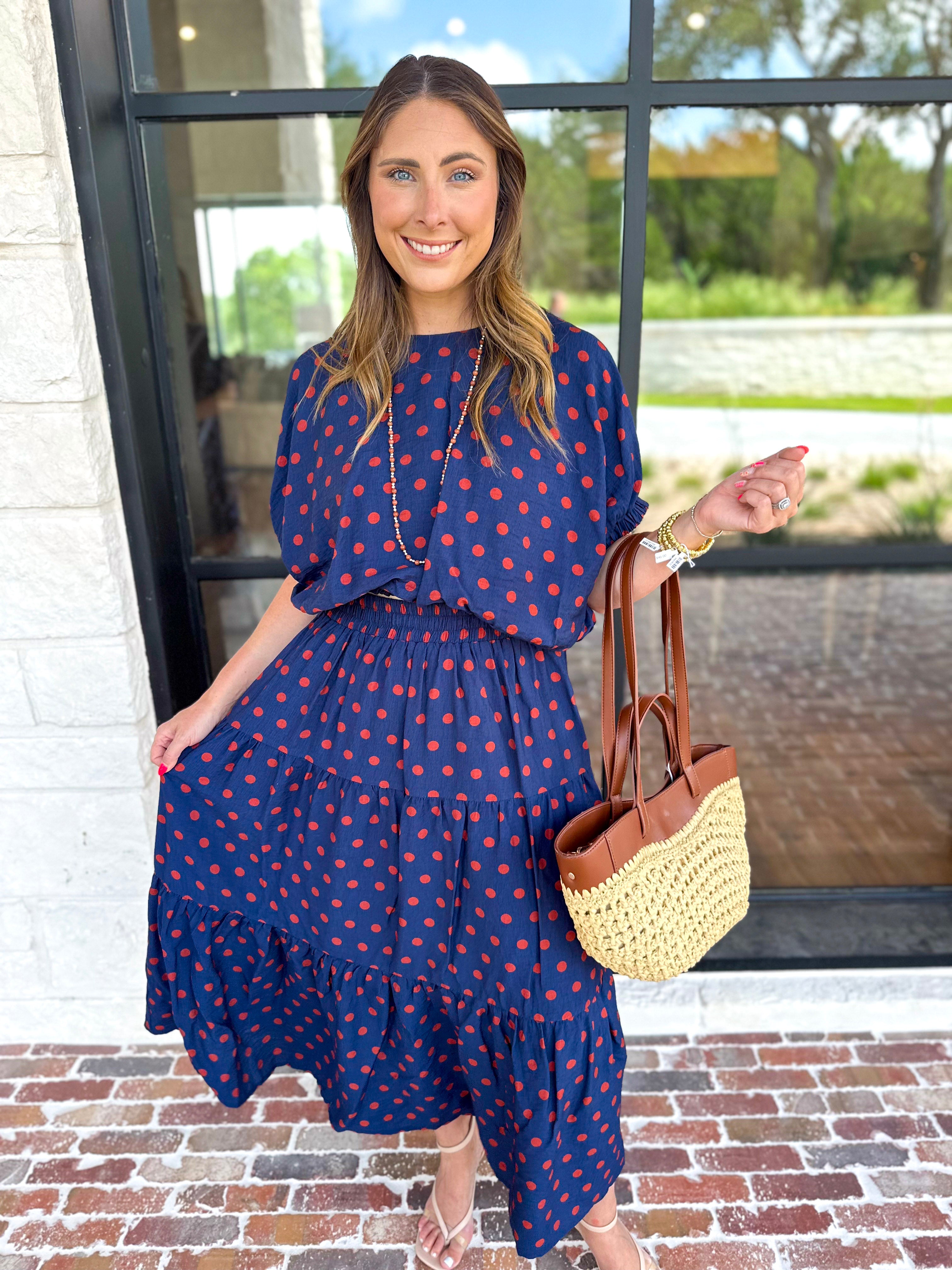 Darling in Dots Set - Navy & Rust-500 Midi-ENTRO-July & June Women's Fashion Boutique Located in San Antonio, Texas