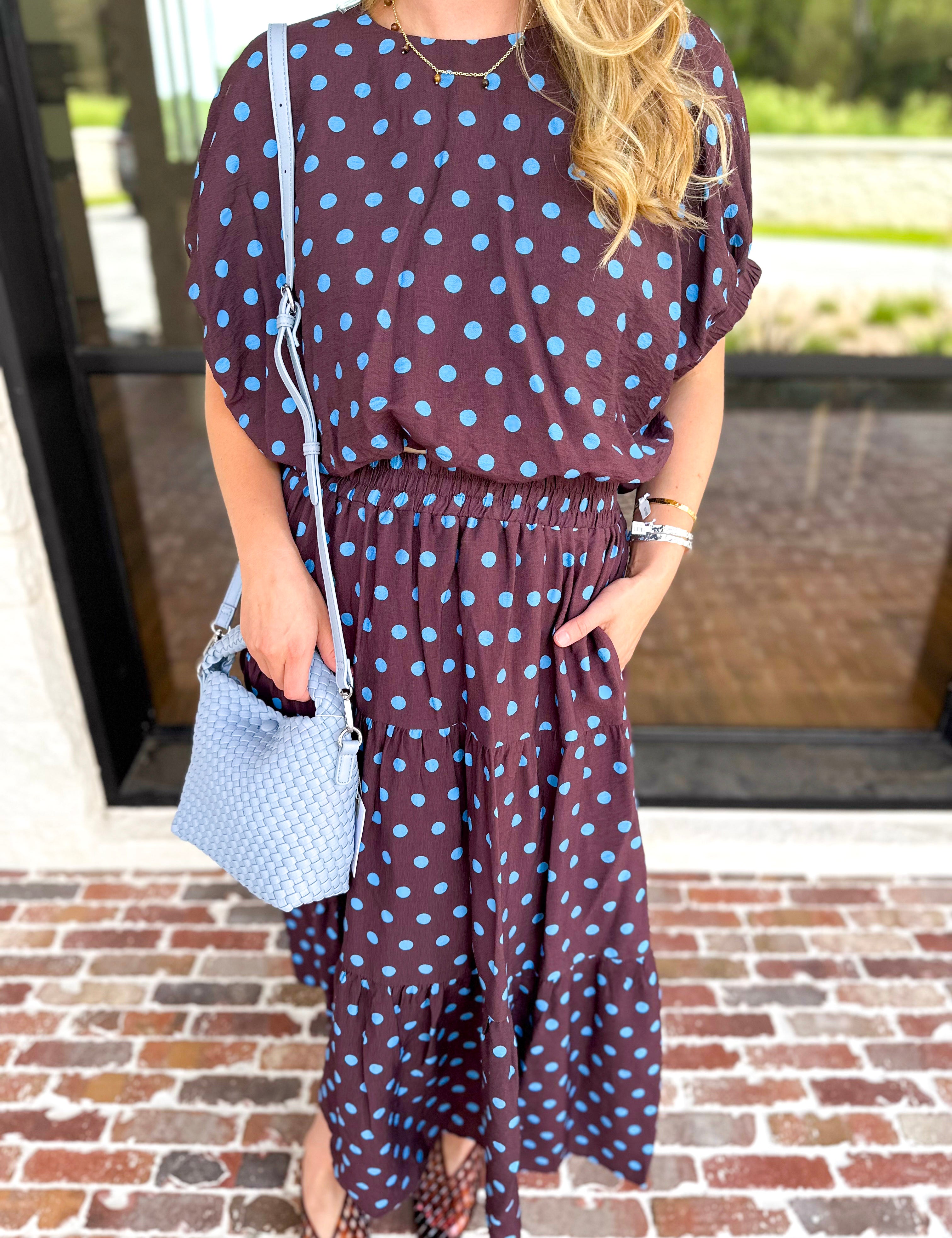 Darling in Dots Set - Brown & Blue-500 Midi-ENTRO-July & June Women's Fashion Boutique Located in San Antonio, Texas