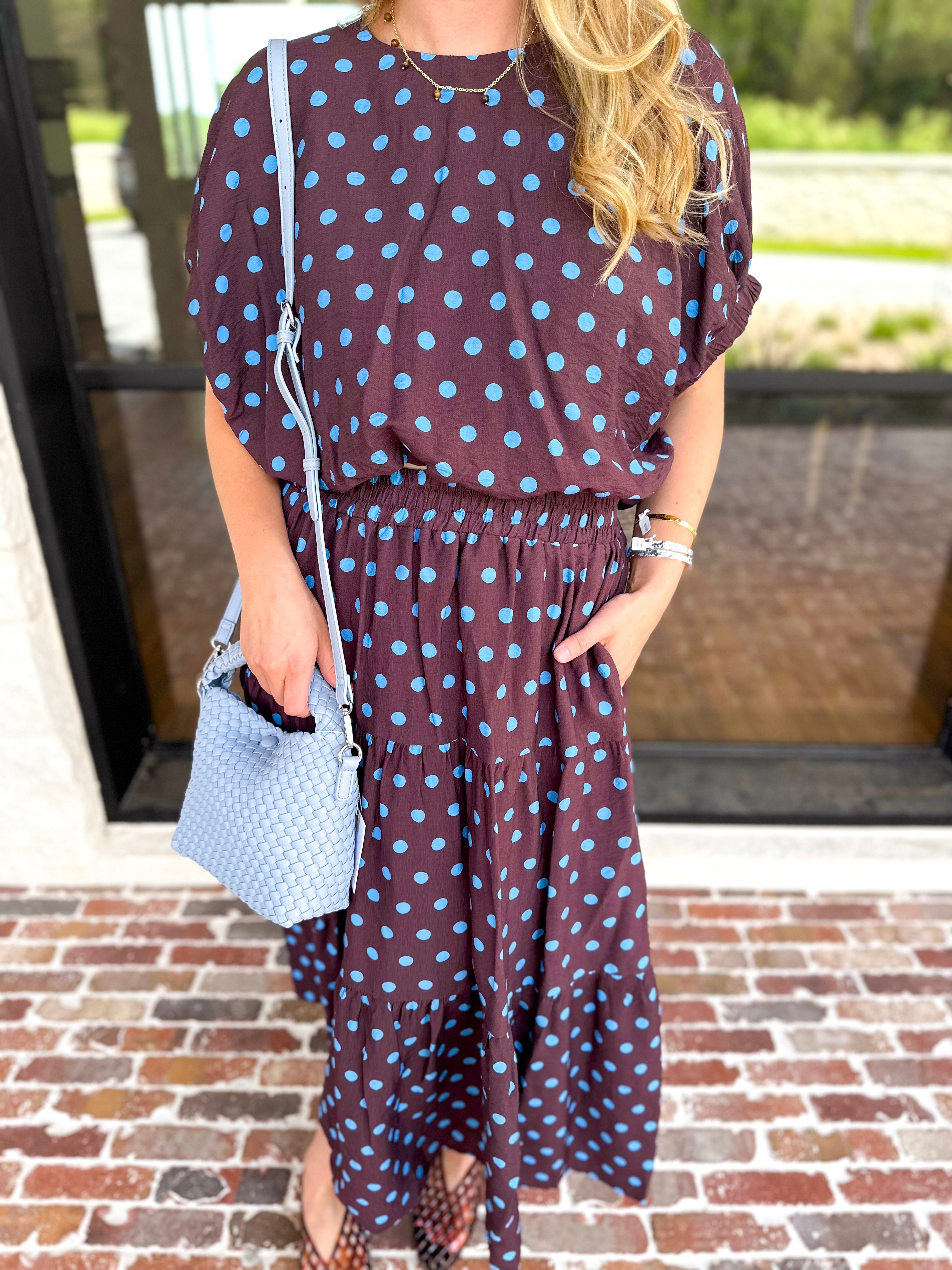 Darling in Dots Set - Brown & Blue-500 Midi-ENTRO-July & June Women's Fashion Boutique Located in San Antonio, Texas