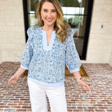 Light Blue Floral Blouse-200 Fashion Blouses-STRUT & BOLT-July & June Women's Fashion Boutique Located in San Antonio, Texas