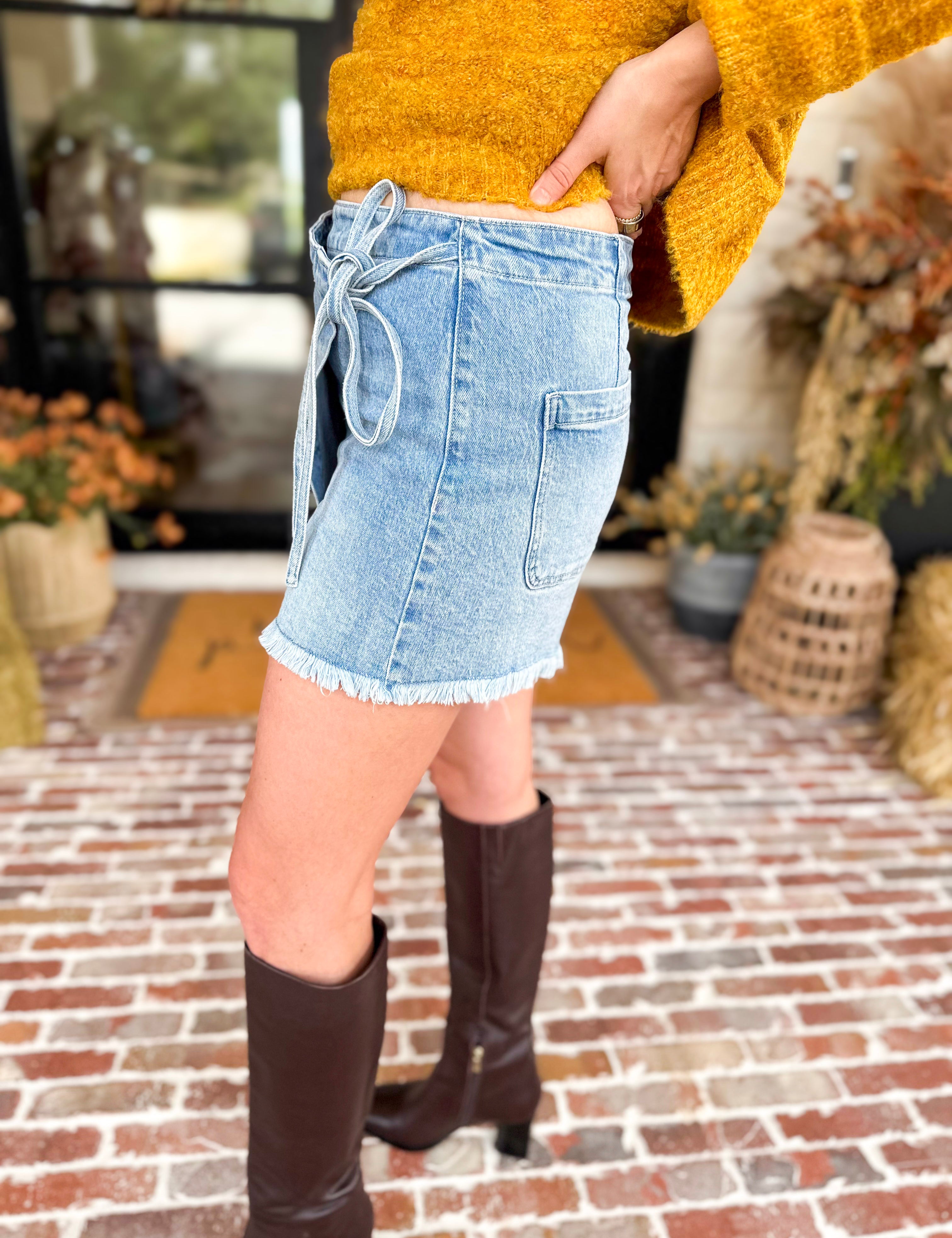 Vervet - Light Wash Wrap Denim Skort-410 Shorts/Skirts-VEVERT BY FLYING MONKEY-July & June Women's Fashion Boutique Located in San Antonio, Texas