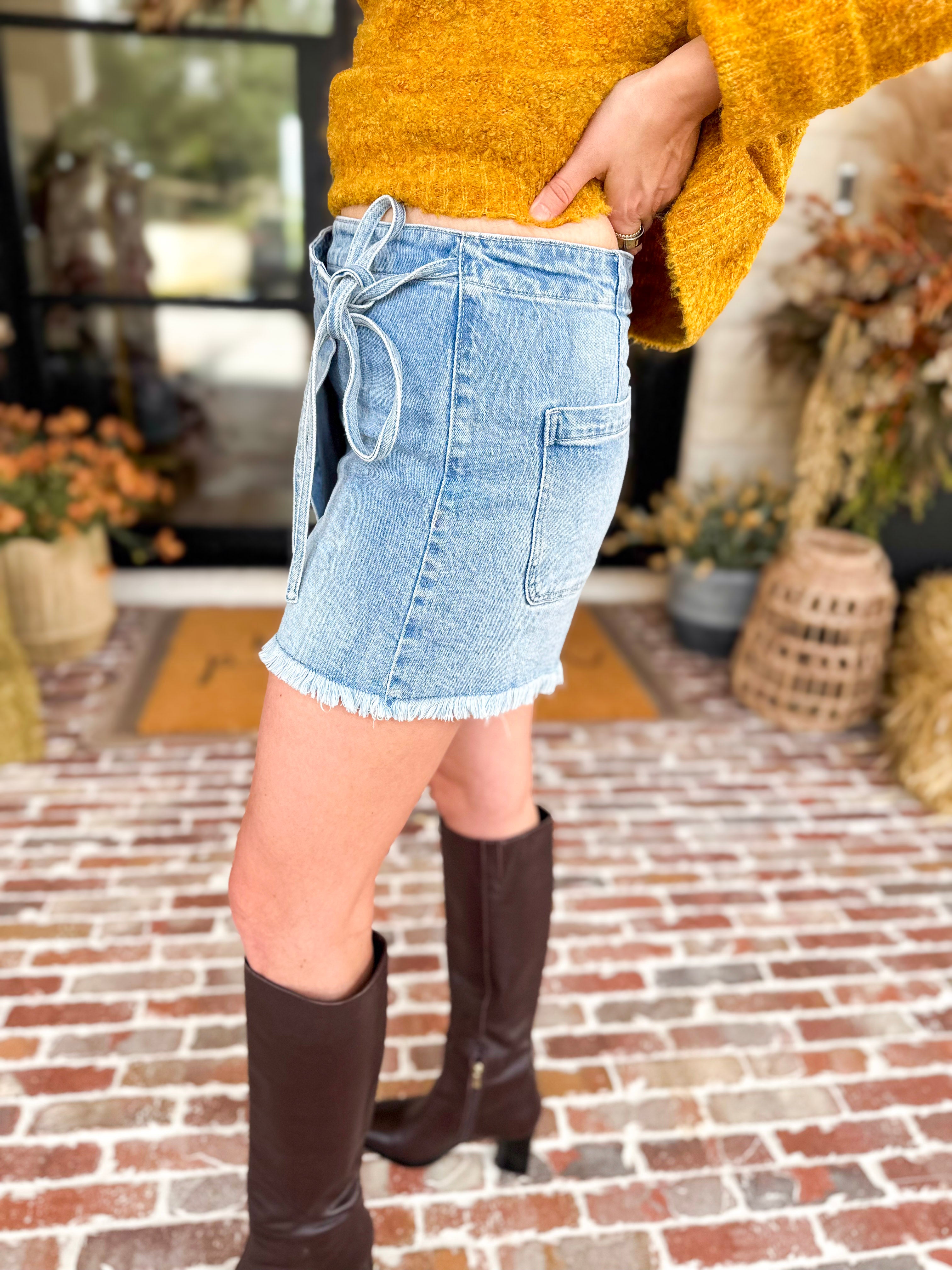 Vervet - Light Wash Wrap Denim Skort-410 Shorts/Skirts-VEVERT BY FLYING MONKEY-July & June Women's Fashion Boutique Located in San Antonio, Texas