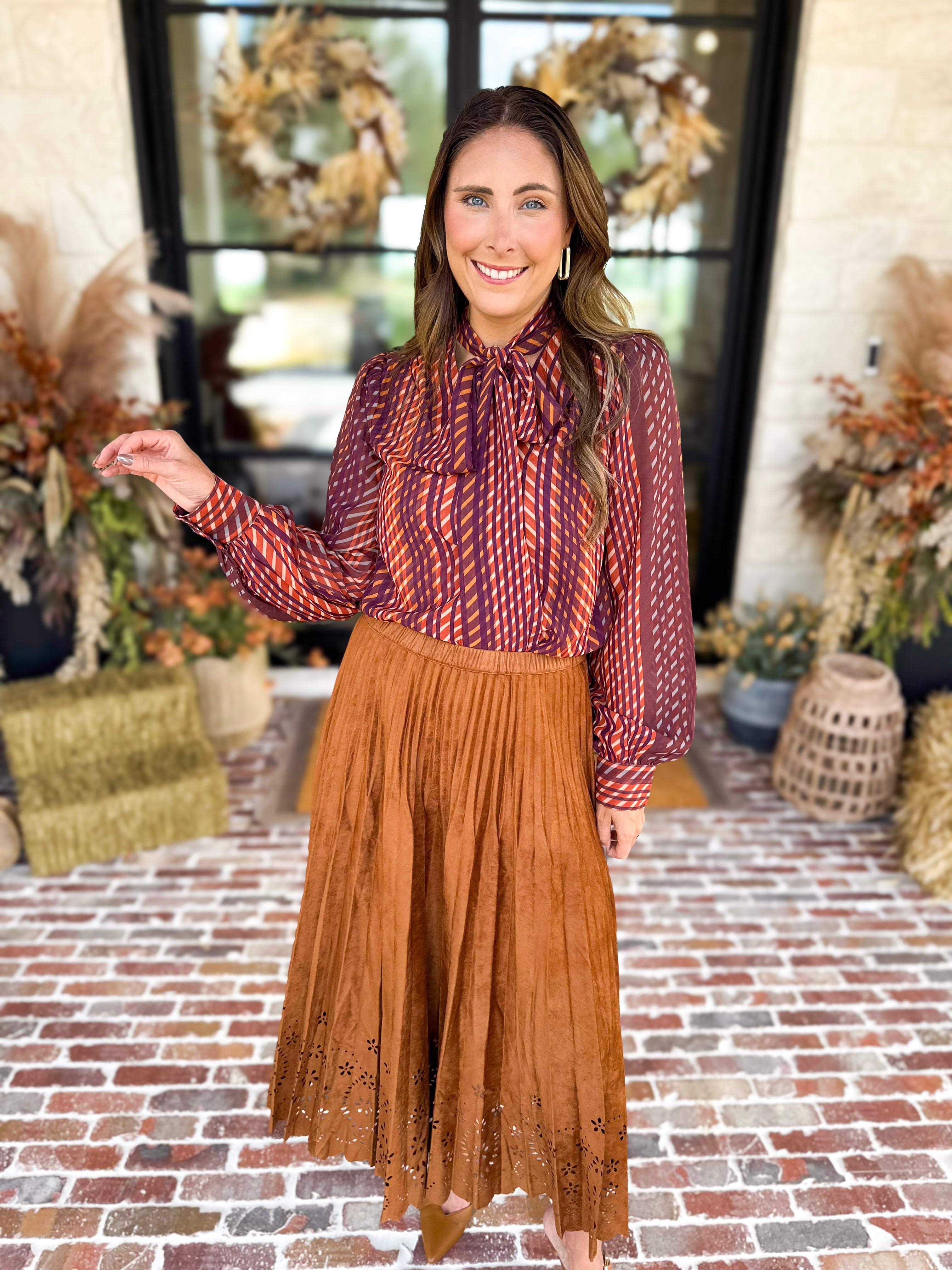 Liverpool - Fall Afterglow Neck Tie Blouse-200 Fashion Blouses-LIVERPOOL JEANS COMPANY-July & June Women's Fashion Boutique Located in San Antonio, Texas