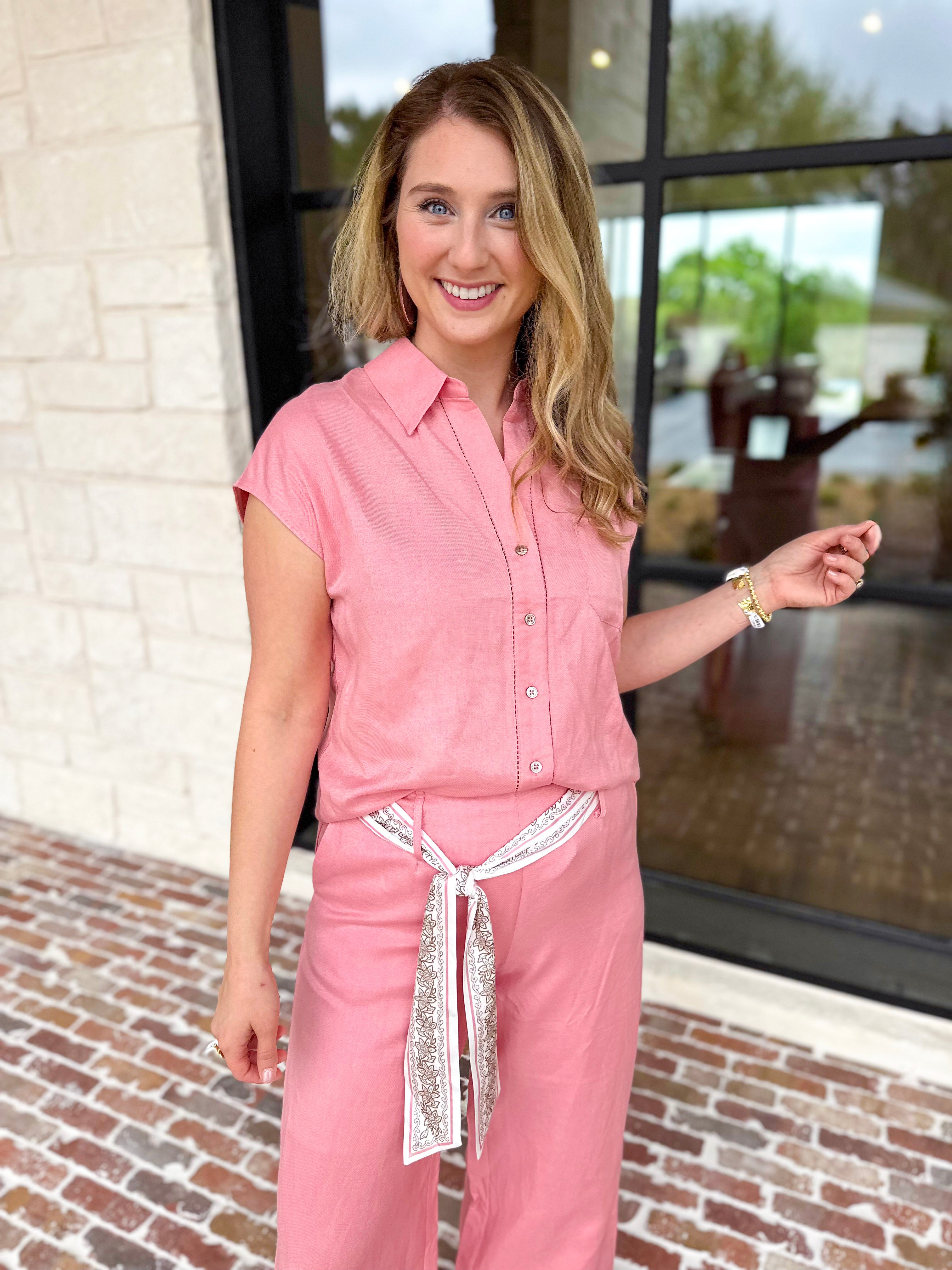 Current Air - Cap Sleeve Button Down Blouse - Pink-200 Fashion Blouses-CURRENT AIR CLOTHING-July & June Women's Fashion Boutique Located in San Antonio, Texas