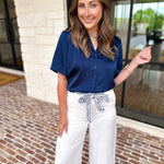 LIVERPOOL - Short Sleeve Satin Top - Navy-200 Fashion Blouses-LIVERPOOL JEANS COMPANY-July & June Women's Fashion Boutique Located in San Antonio, Texas