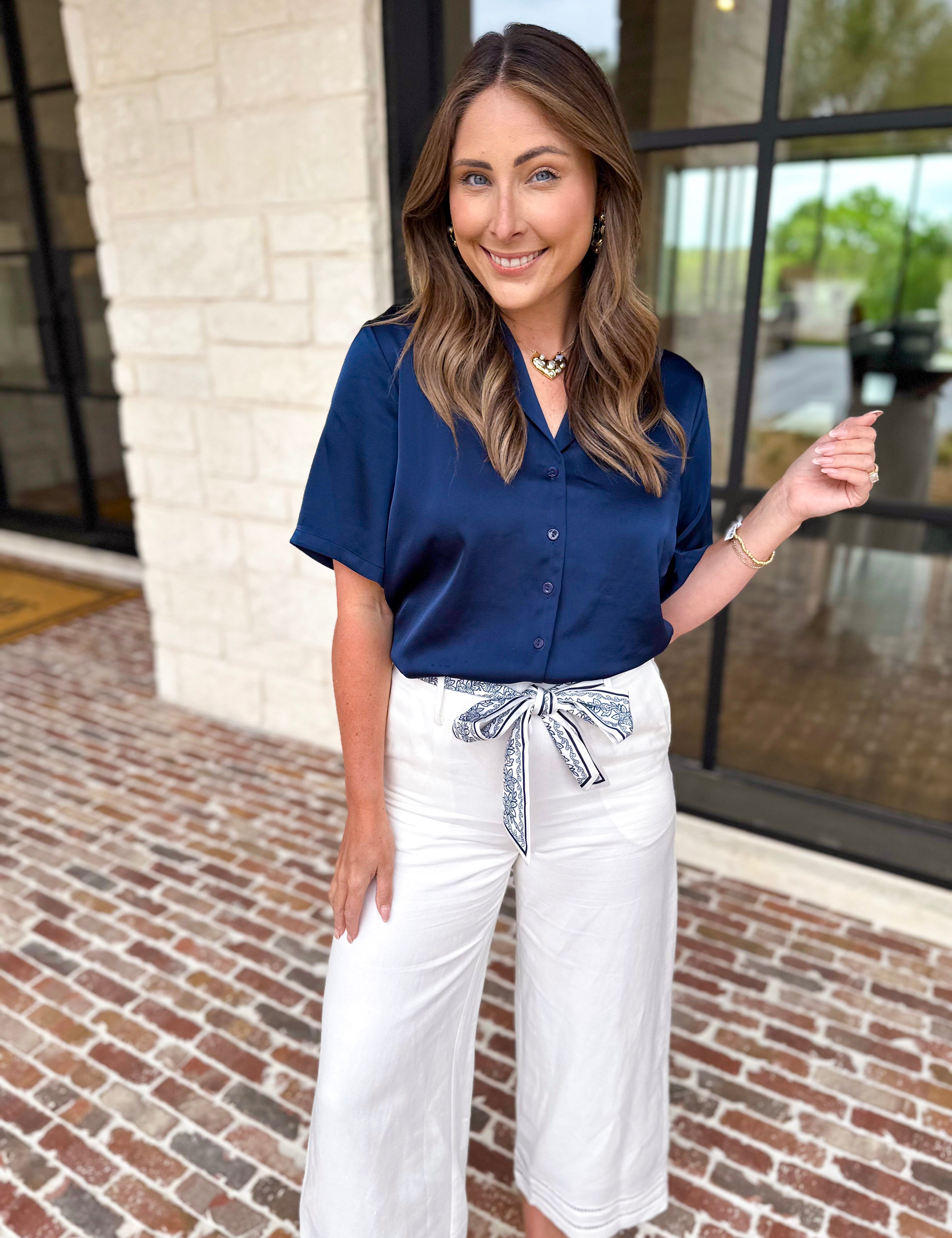 LIVERPOOL - Short Sleeve Satin Top - Navy-200 Fashion Blouses-LIVERPOOL JEANS COMPANY-July & June Women's Fashion Boutique Located in San Antonio, Texas