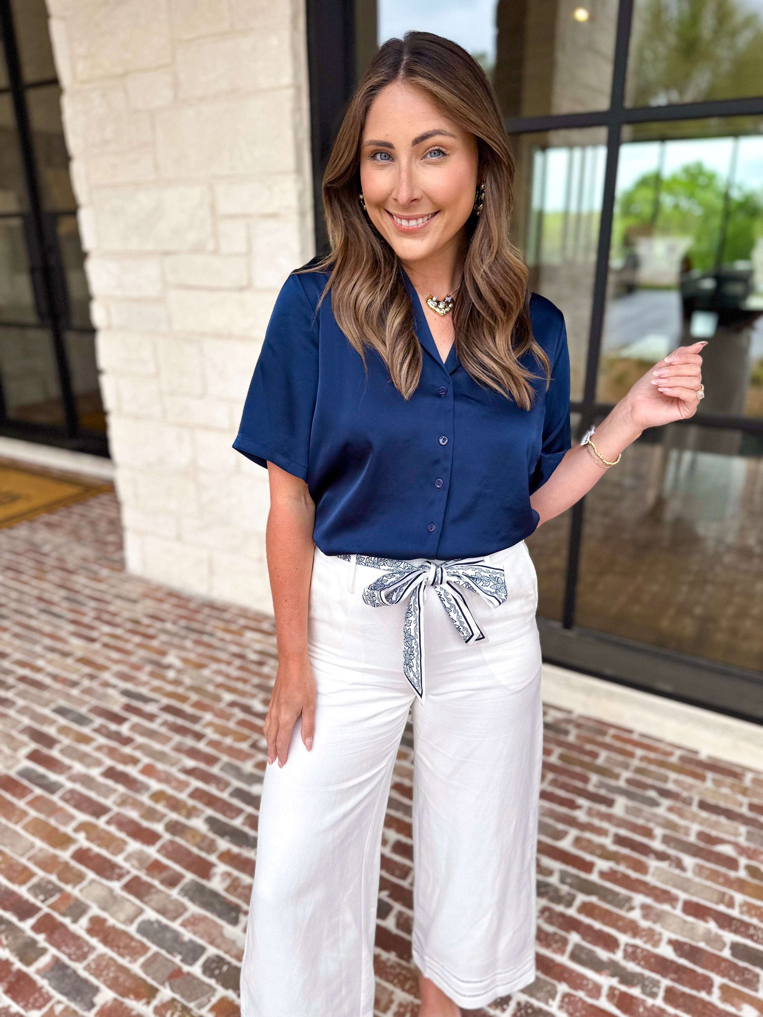 LIVERPOOL - Short Sleeve Satin Top - Navy-200 Fashion Blouses-LIVERPOOL JEANS COMPANY-July & June Women's Fashion Boutique Located in San Antonio, Texas