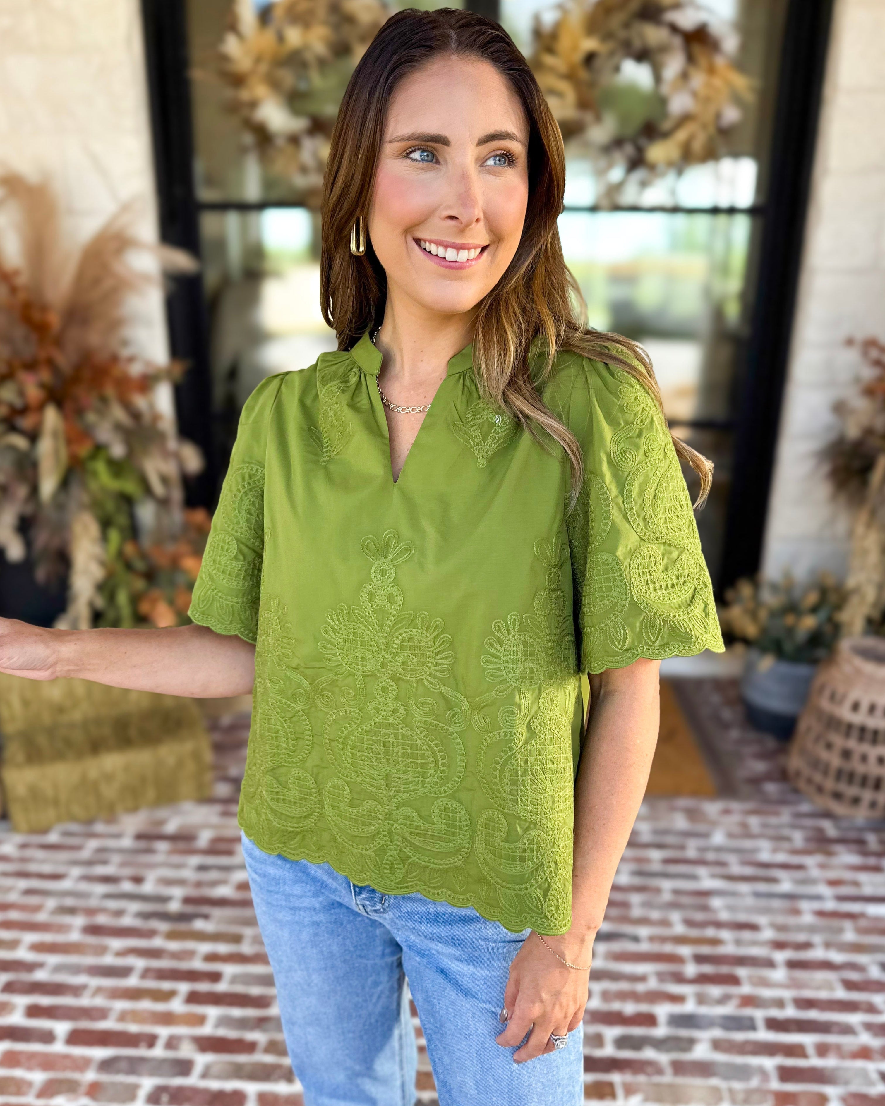 The Brunch Blouse - Avocado-200 Fashion Blouses-ENTRO-July & June Women's Fashion Boutique Located in San Antonio, Texas