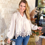 Maya Floral Stitch Blouse - Ivory-200 Fashion Blouses-ENTRO-July & June Women's Fashion Boutique Located in San Antonio, Texas