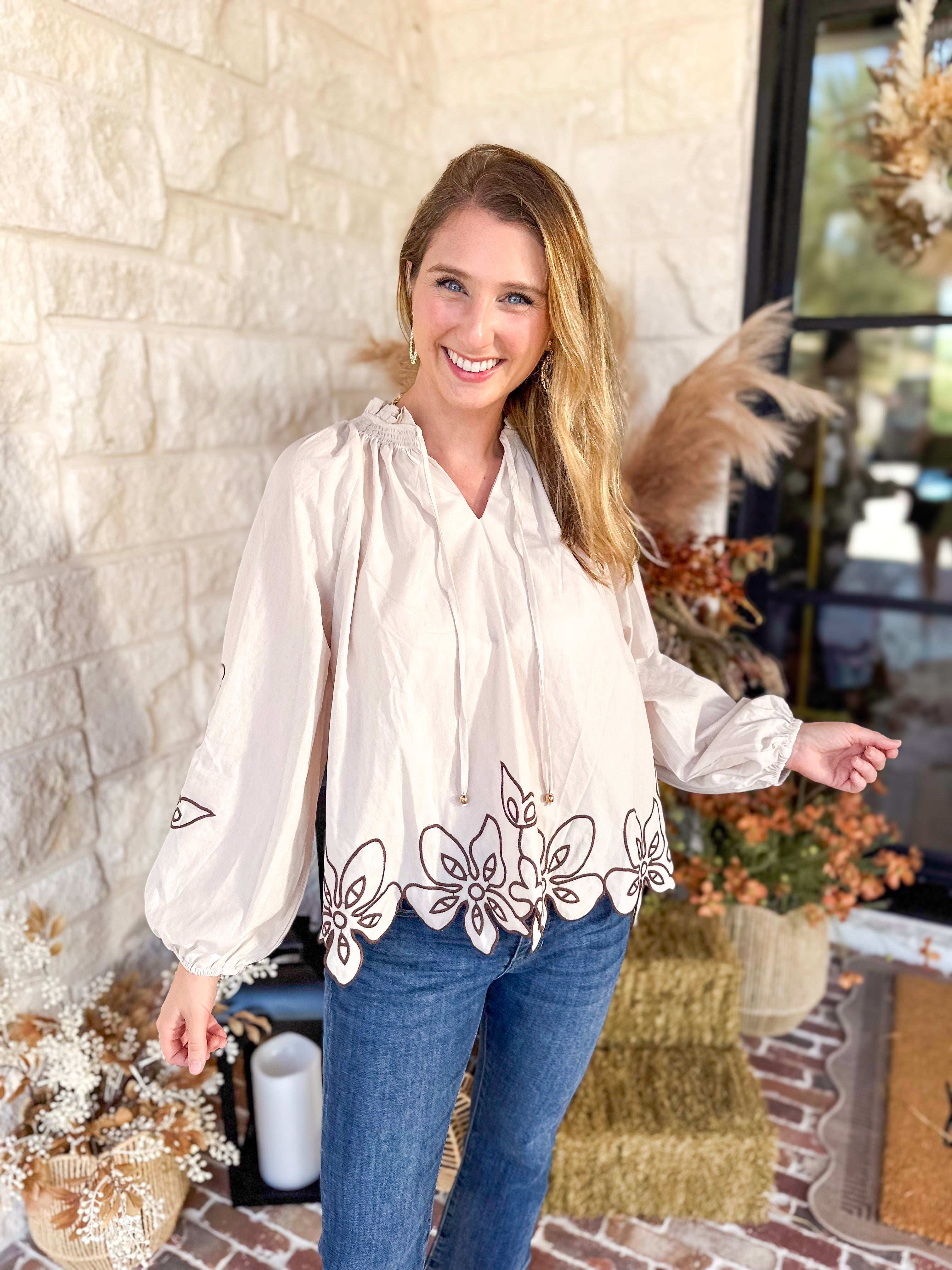 Maya Floral Stitch Blouse - Ivory-200 Fashion Blouses-ENTRO-July & June Women's Fashion Boutique Located in San Antonio, Texas