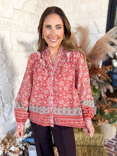 Posey Spiced Apricot Floral Blouse-200 Fashion Blouses-FATE-July & June Women's Fashion Boutique Located in San Antonio, Texas