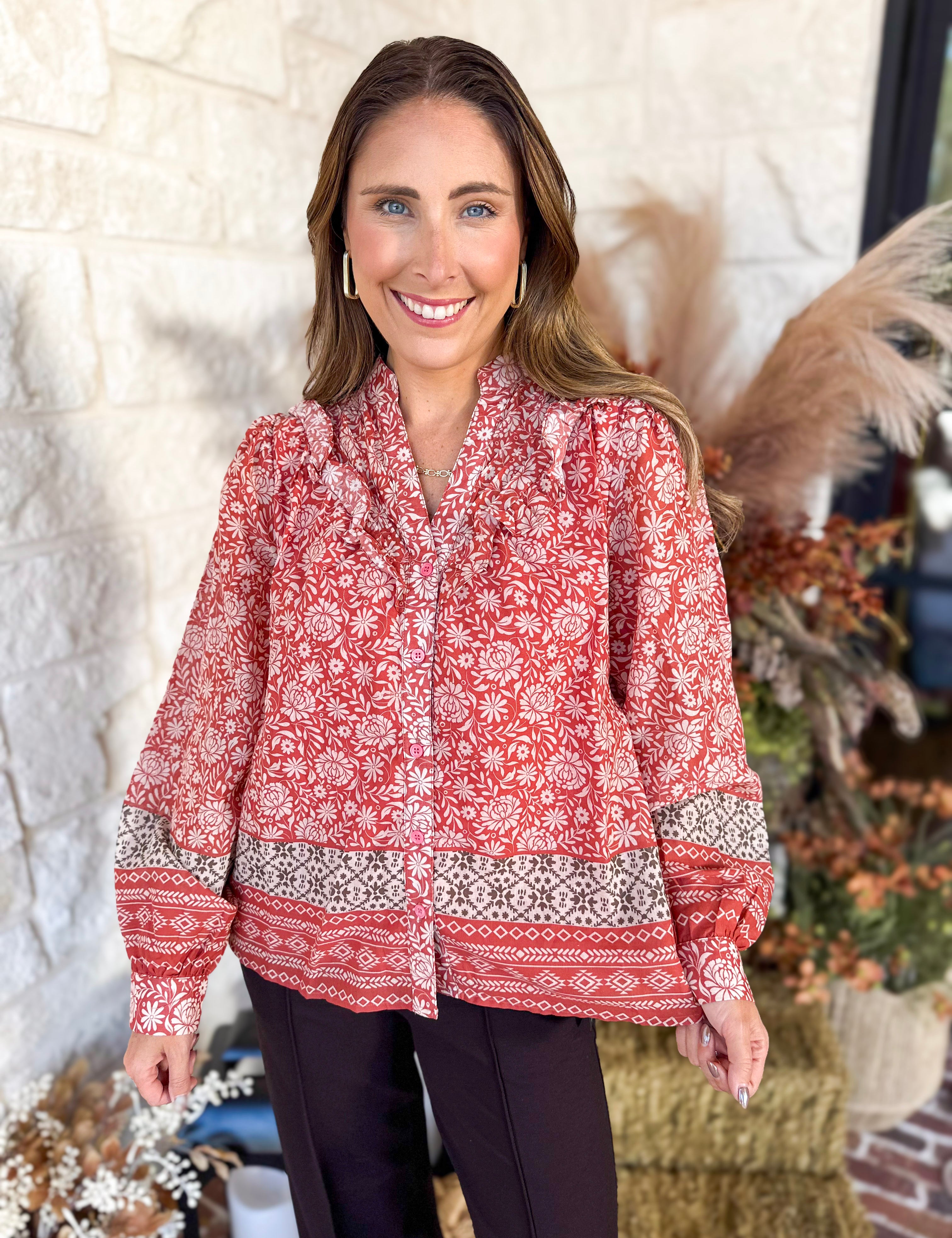 Posey Spiced Apricot Floral Blouse-200 Fashion Blouses-FATE-July & June Women's Fashion Boutique Located in San Antonio, Texas