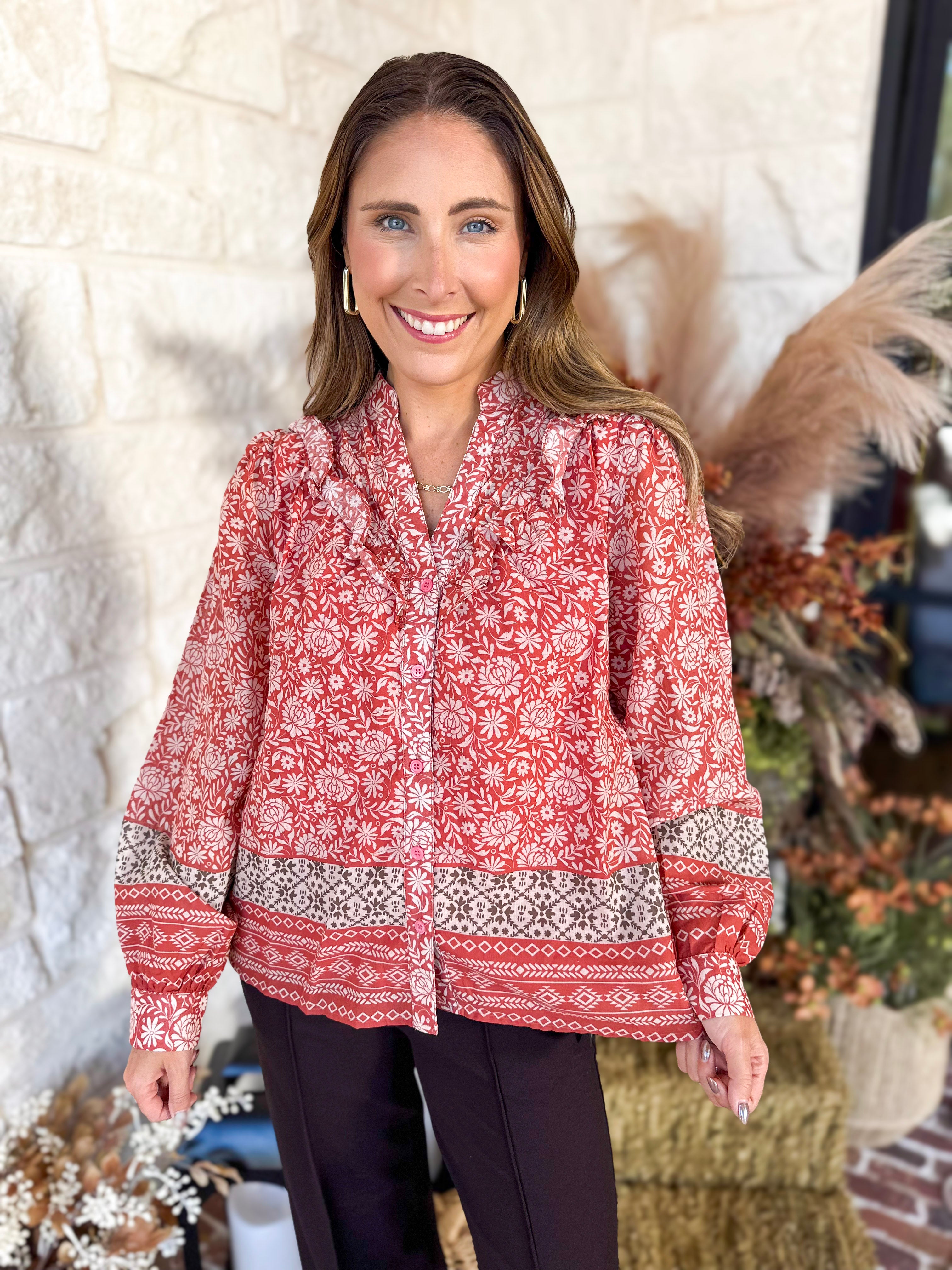 Posey Spiced Apricot Floral Blouse-200 Fashion Blouses-FATE-July & June Women's Fashion Boutique Located in San Antonio, Texas