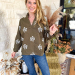 Mary Square - Olive Embroidered Flora Blouse-200 Fashion Blouses-MARY SQUARE-July & June Women's Fashion Boutique Located in San Antonio, Texas