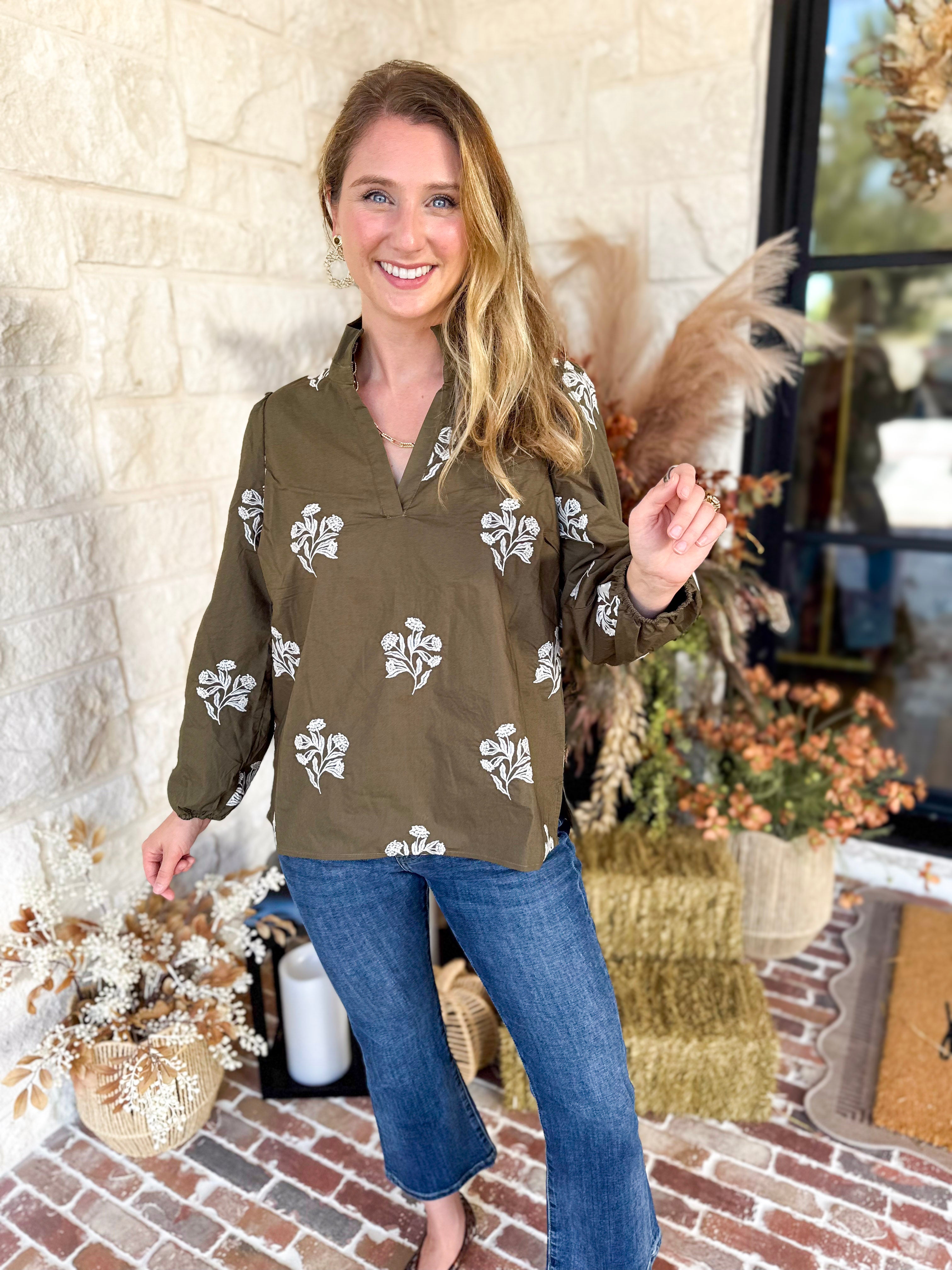 Mary Square - Olive Embroidered Flora Blouse-200 Fashion Blouses-MARY SQUARE-July & June Women's Fashion Boutique Located in San Antonio, Texas