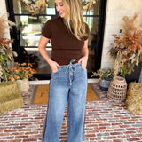Denim & Suede Trim Drawstring Pants-400 Pants-SKIES ARE BLUE-July & June Women's Fashion Boutique Located in San Antonio, Texas