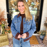Suede Trim Denim Jacket-600 Outerwear-SKIES ARE BLUE-July & June Women's Fashion Boutique Located in San Antonio, Texas