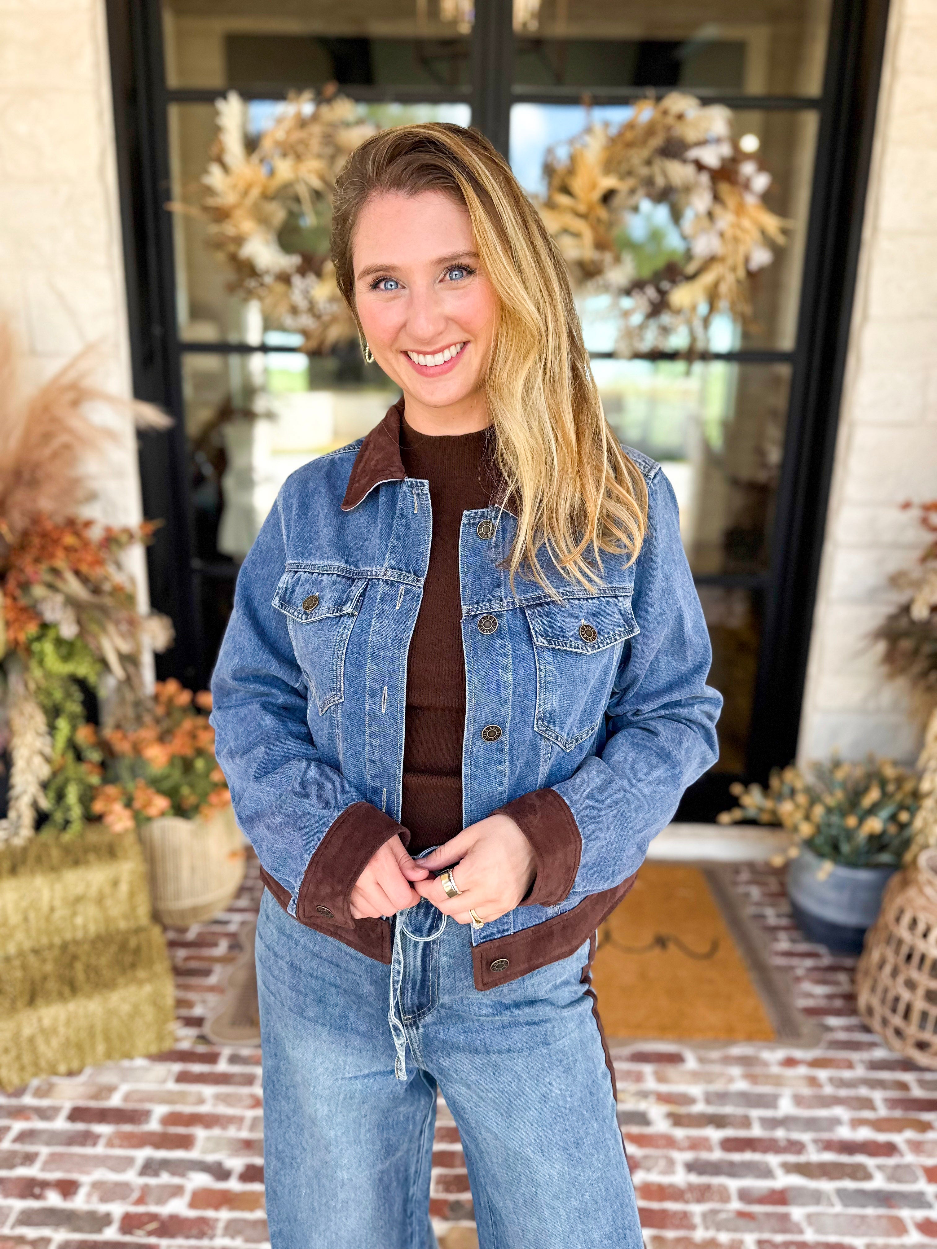 Suede Trim Denim Jacket-600 Outerwear-SKIES ARE BLUE-July & June Women's Fashion Boutique Located in San Antonio, Texas