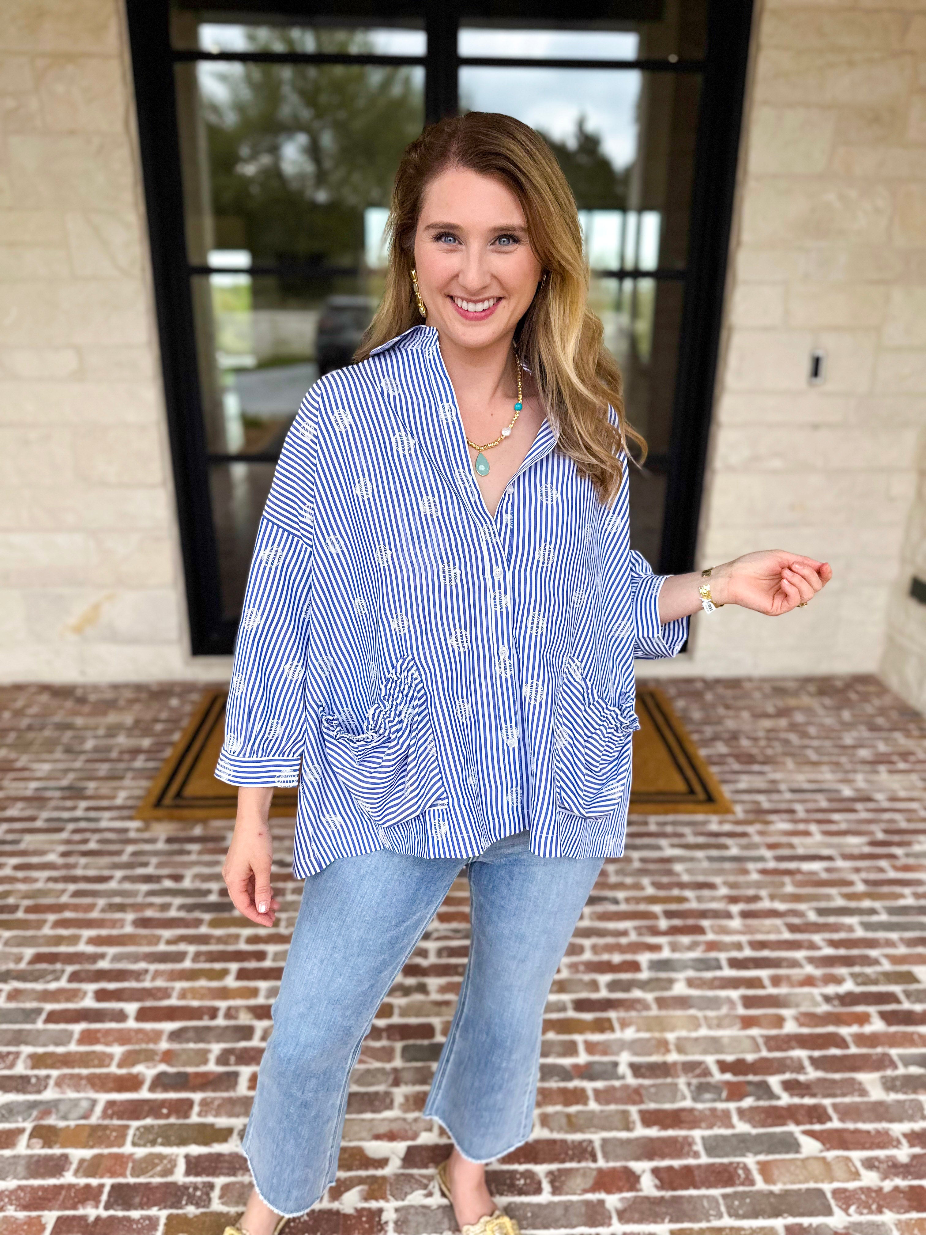 Seashell Flow Button Down Blouse-200 Fashion Blouses-FATE-July & June Women's Fashion Boutique Located in San Antonio, Texas