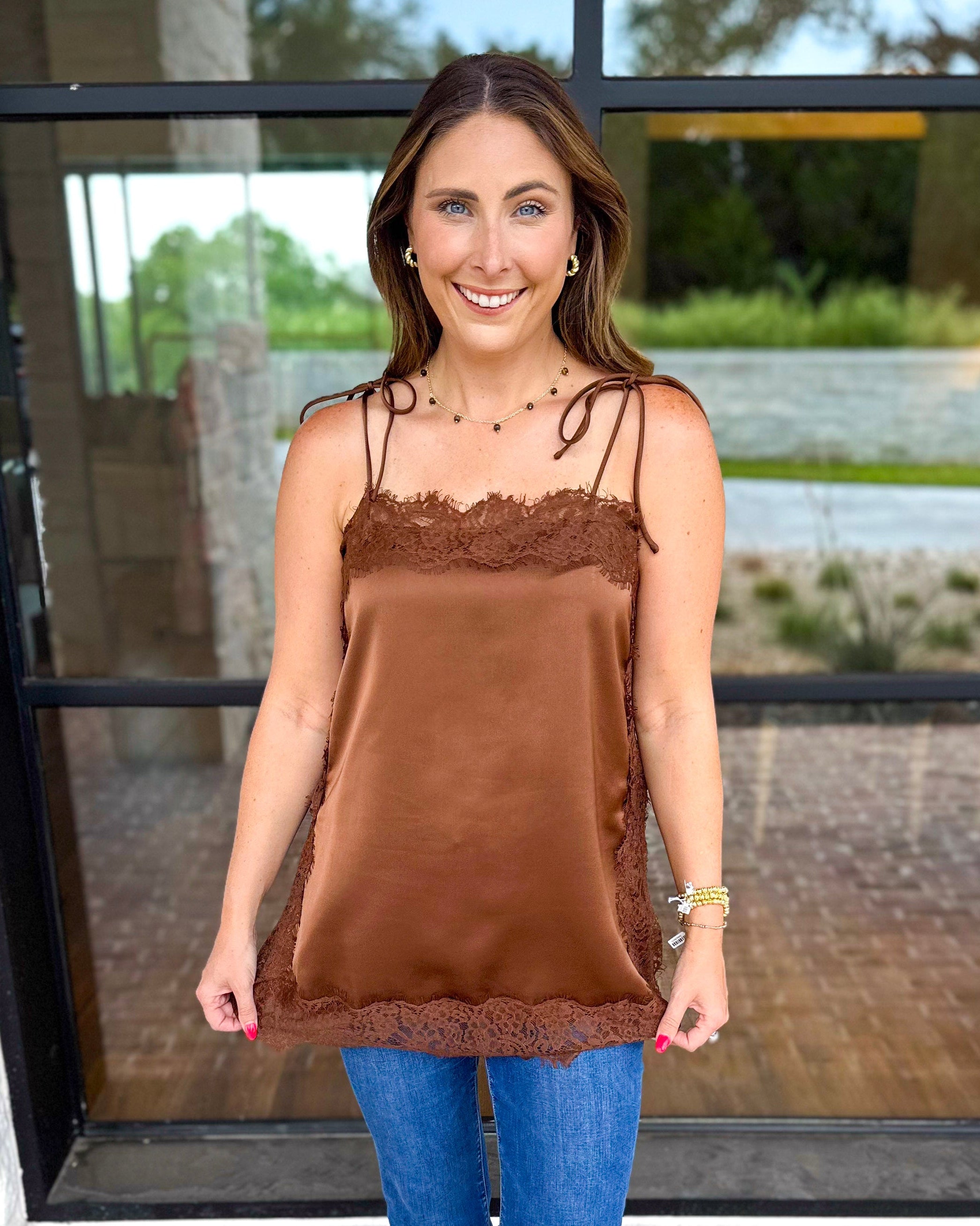 Date Night Lace Cami - Brown-200 Fashion Blouses-ENTRO-July & June Women's Fashion Boutique Located in San Antonio, Texas