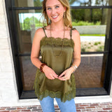 Date Night Lace Cami - Olive-200 Fashion Blouses-ENTRO-July & June Women's Fashion Boutique Located in San Antonio, Texas