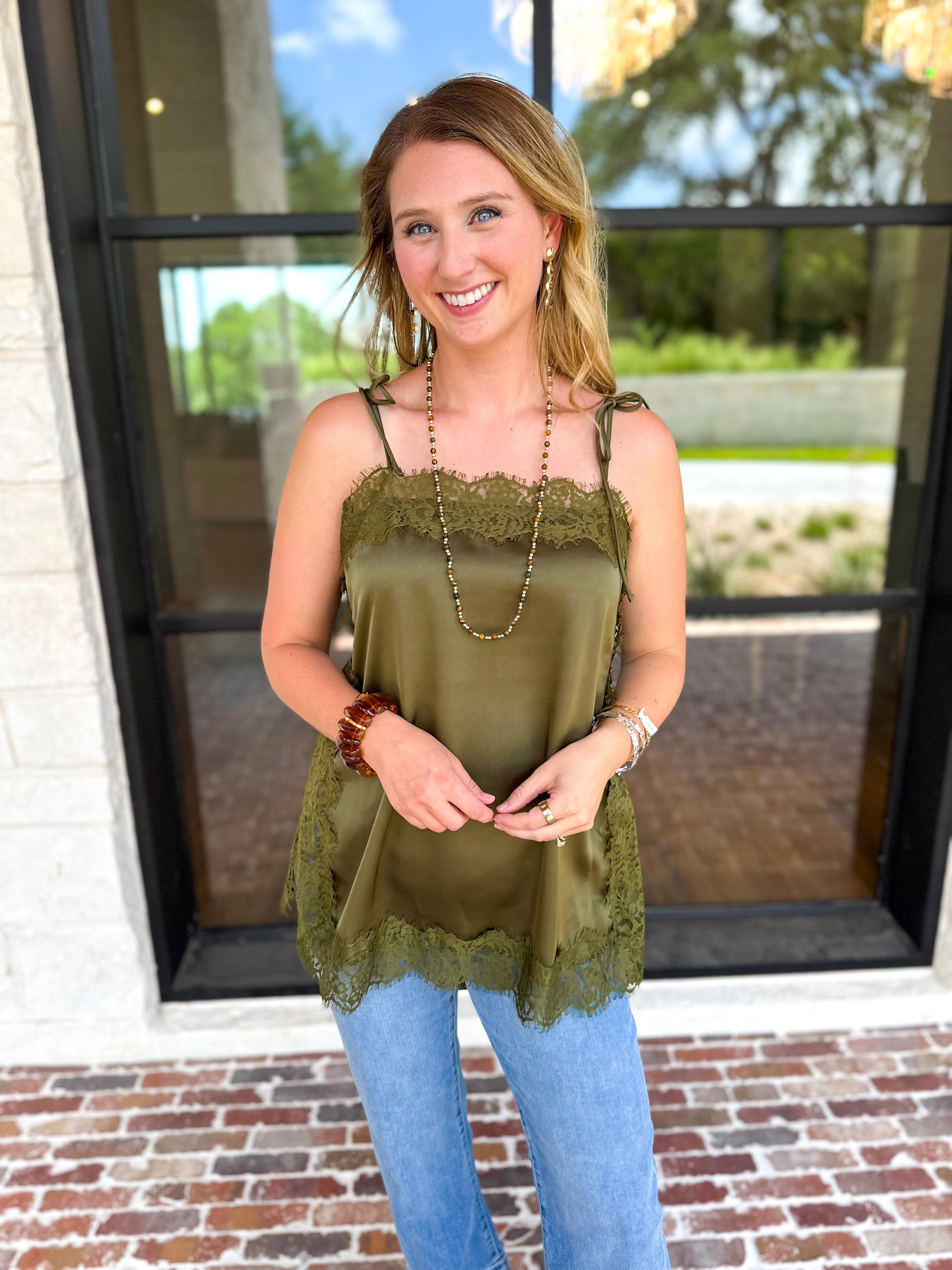 Date Night Lace Cami - Olive-200 Fashion Blouses-ENTRO-July & June Women's Fashion Boutique Located in San Antonio, Texas