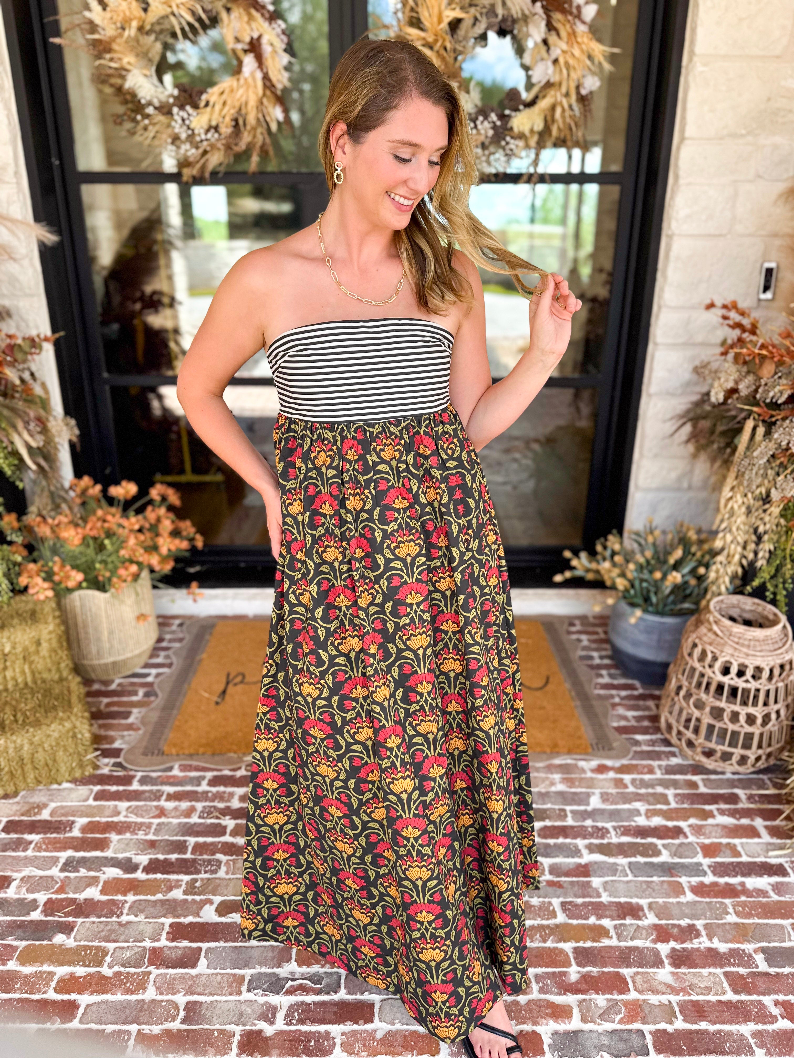 Floral & Stripes Strapless Maxi Dress-500 Midi-TCEC-July & June Women's Fashion Boutique Located in San Antonio, Texas