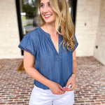 Current Air - Chambray Details Blouse-200 Fashion Blouses-CURRENT AIR CLOTHING-July & June Women's Fashion Boutique Located in San Antonio, Texas