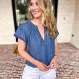Current Air - Chambray Details Blouse-200 Fashion Blouses-CURRENT AIR CLOTHING-July & June Women's Fashion Boutique Located in San Antonio, Texas