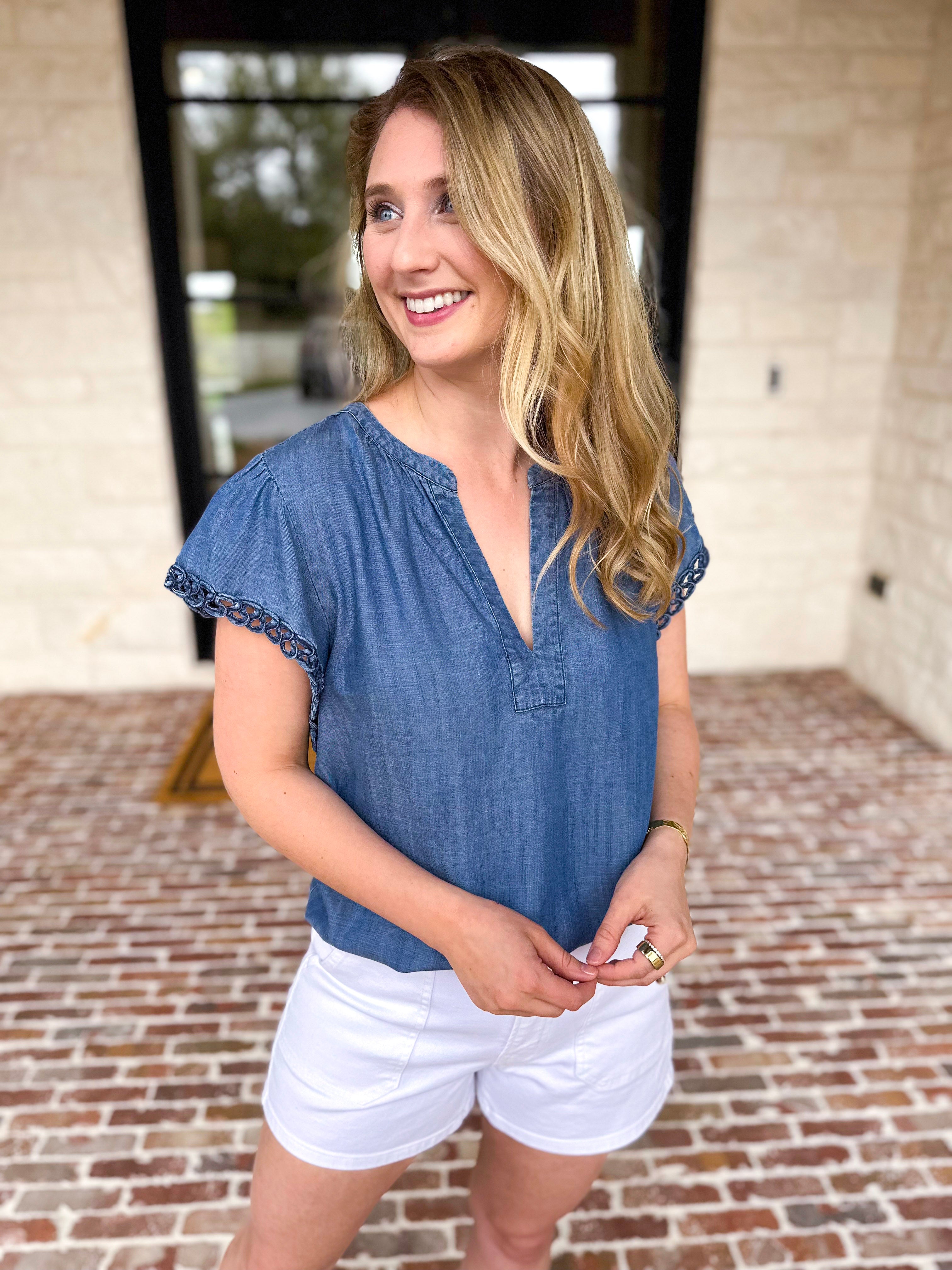 Current Air - Chambray Details Blouse-200 Fashion Blouses-CURRENT AIR CLOTHING-July & June Women's Fashion Boutique Located in San Antonio, Texas