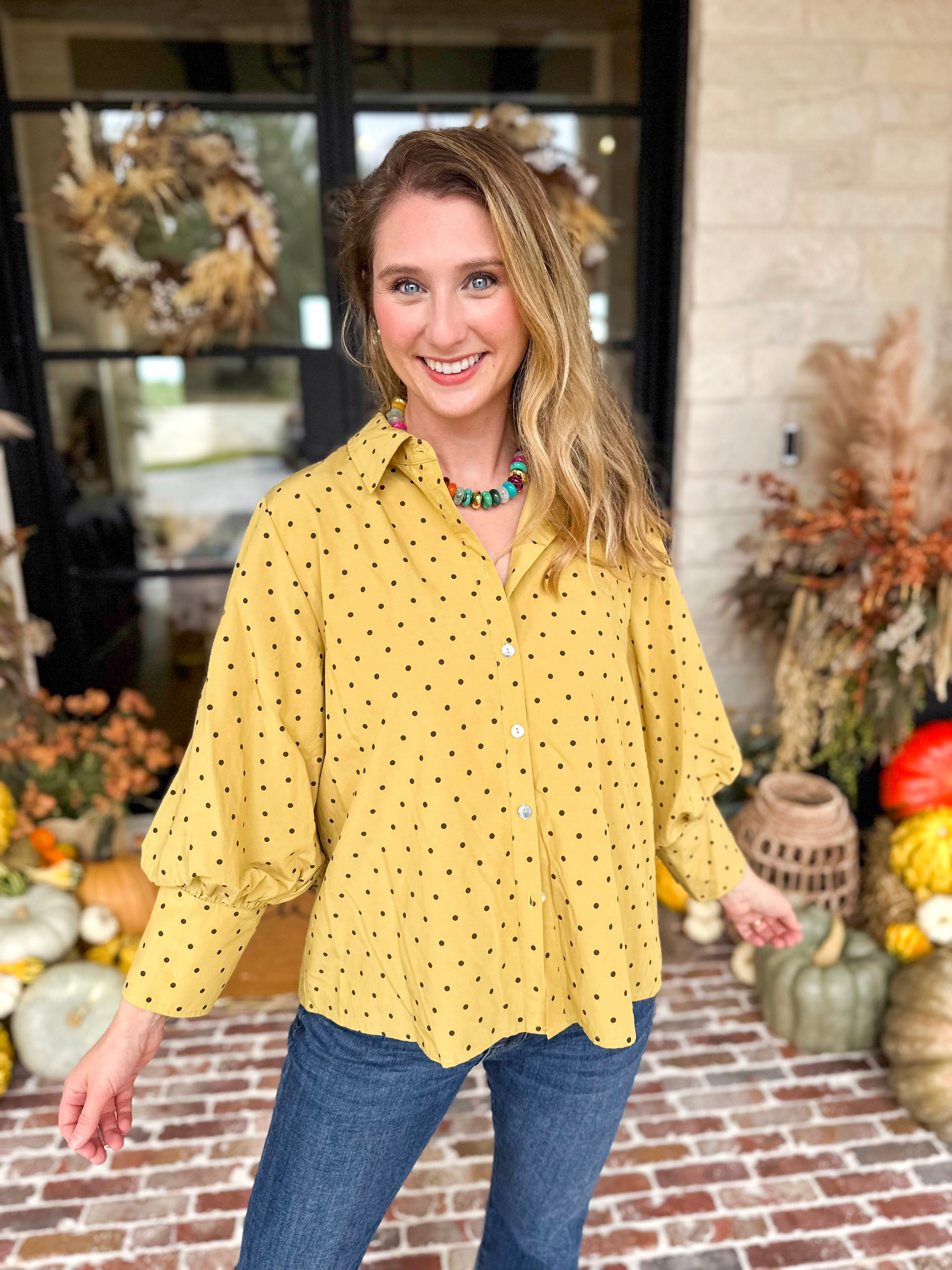 Golden Bubble Sleeve Blouse-200 Fashion Blouses-JODIFL-July & June Women's Fashion Boutique Located in San Antonio, Texas