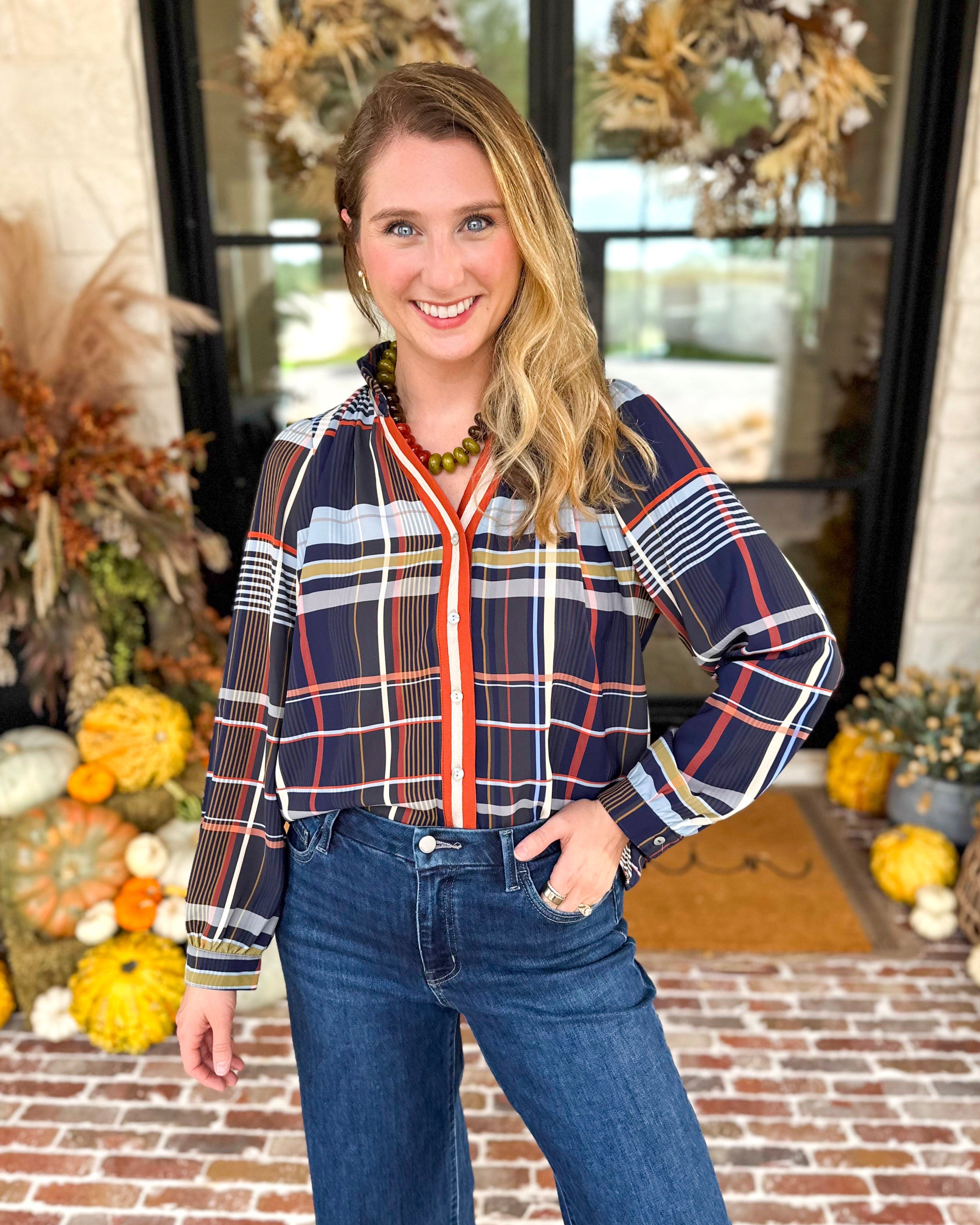 THML - Lightweight Sundown Plaid Blouse-200 Fashion Blouses-THML-July & June Women's Fashion Boutique Located in San Antonio, Texas