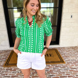 Mary Square - Colette Heritage Green Blouse-200 Fashion Blouses-MARY SQUARE-July & June Women's Fashion Boutique Located in San Antonio, Texas